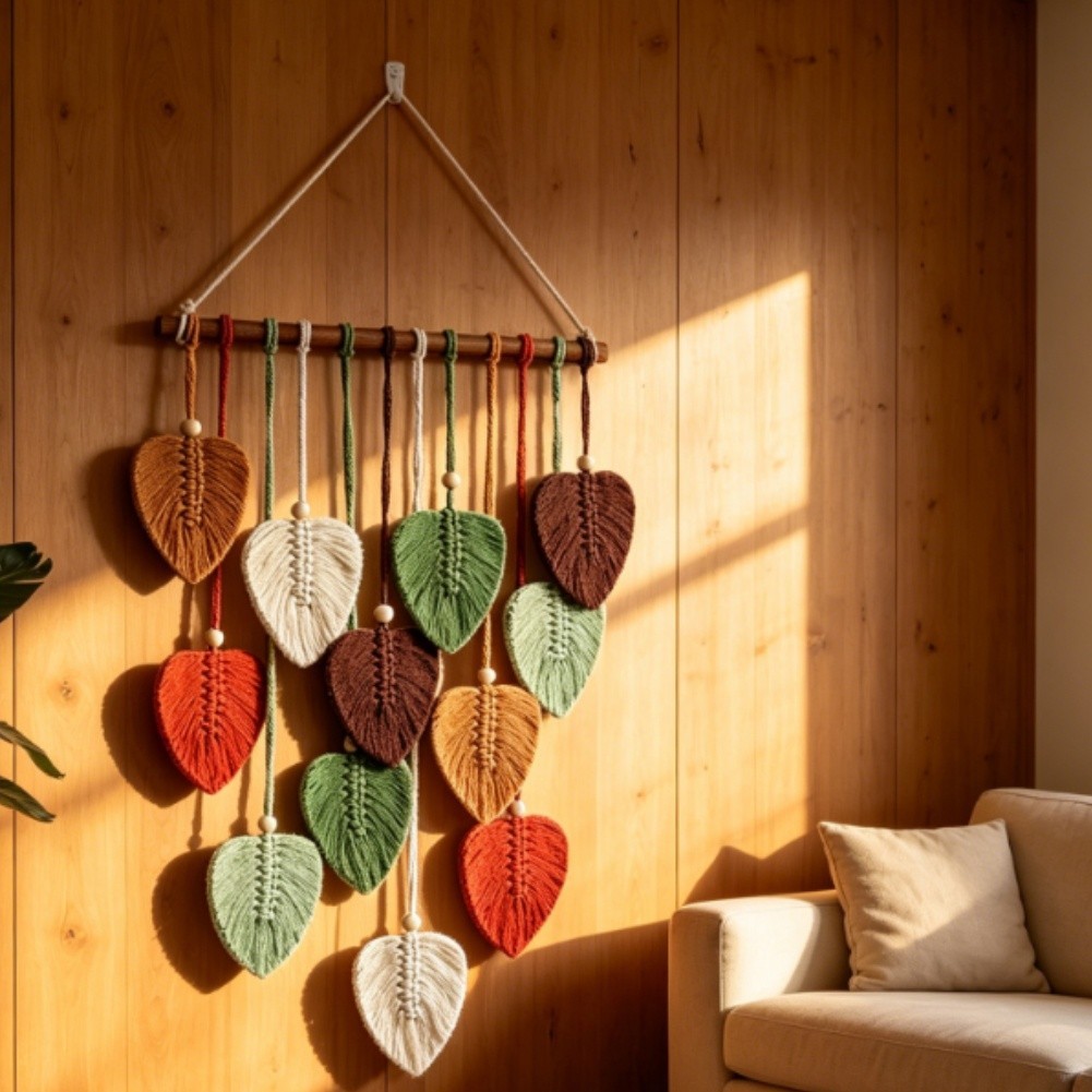 Bohemian Leaf Tapestry Woven Cotton Rustic Wall Hanging 83x45cm Natural Look