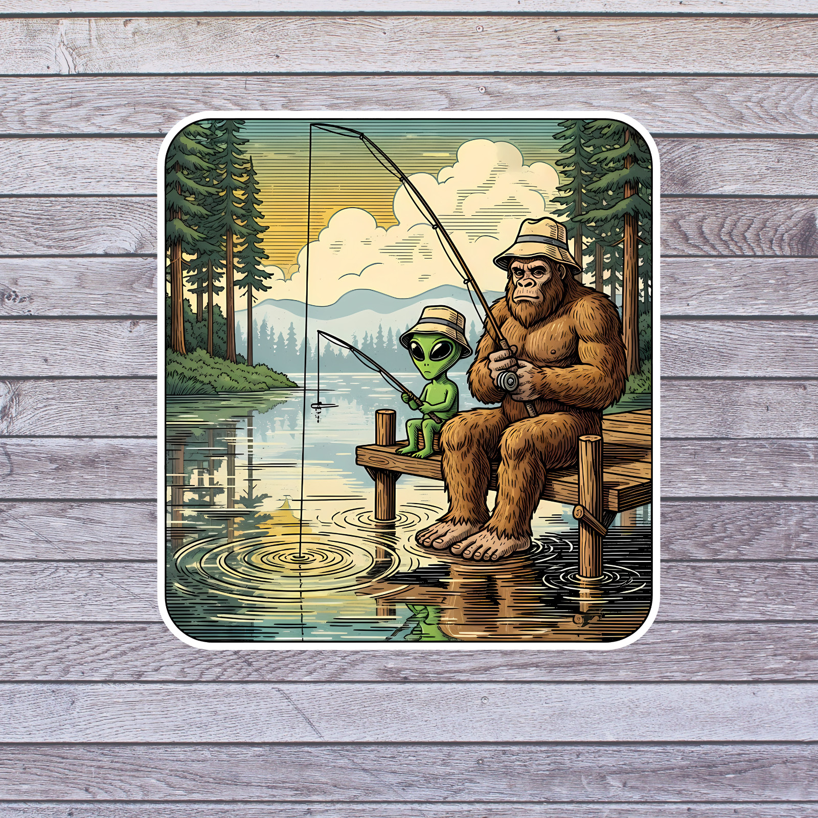 Bigfoot Alien Sticker Vinyl Decal Fishing Dock UFO Sasquatch Lake Scene