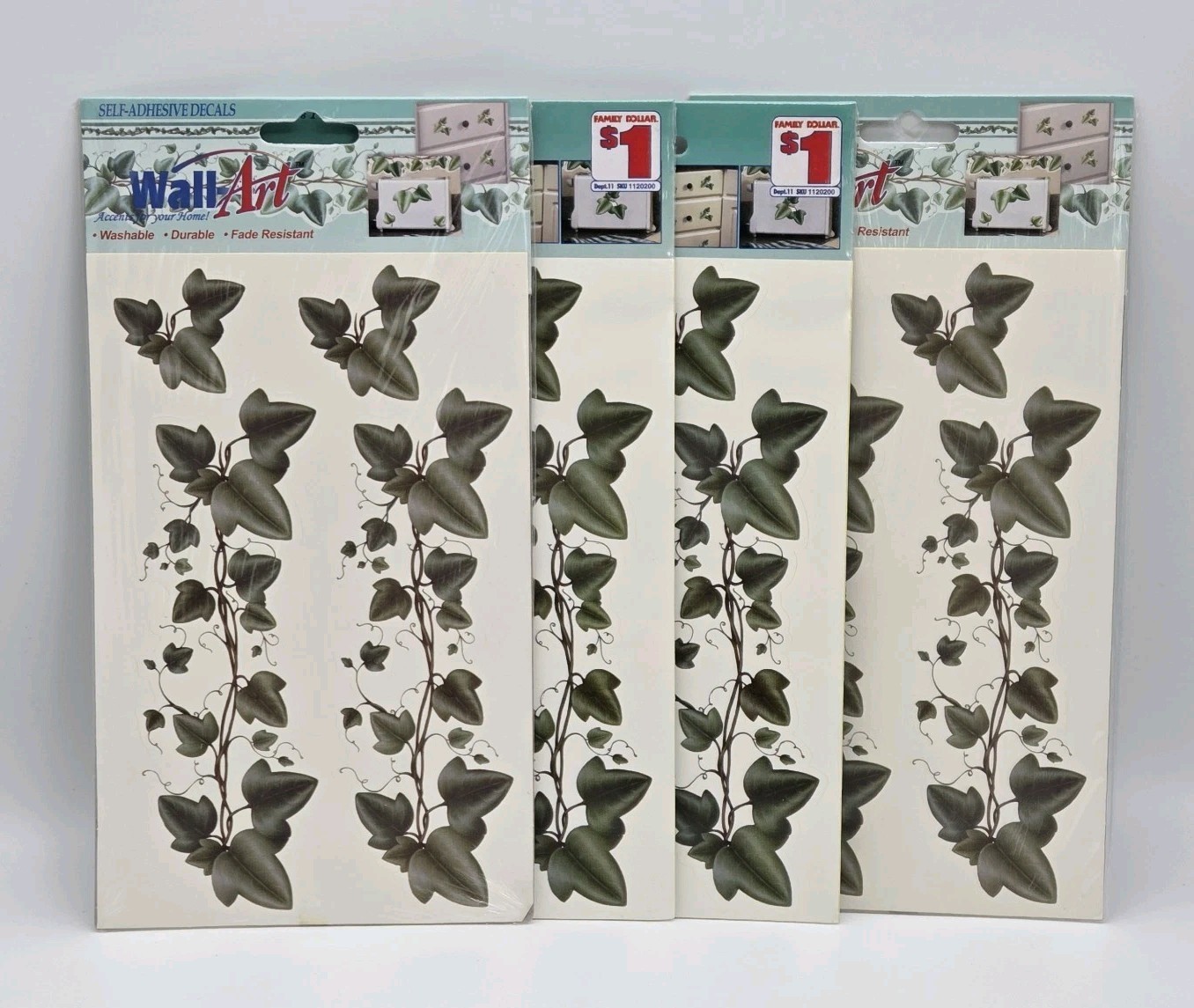 Wall Art Self Adhesive Decals Green Ivy Washable Fade Resistant New Lot of 4