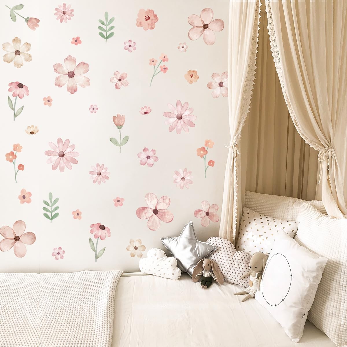 Boho Flower Wall Decals，Pink Flower Art，Wildflower Wall Decals，Girls Bedroom …