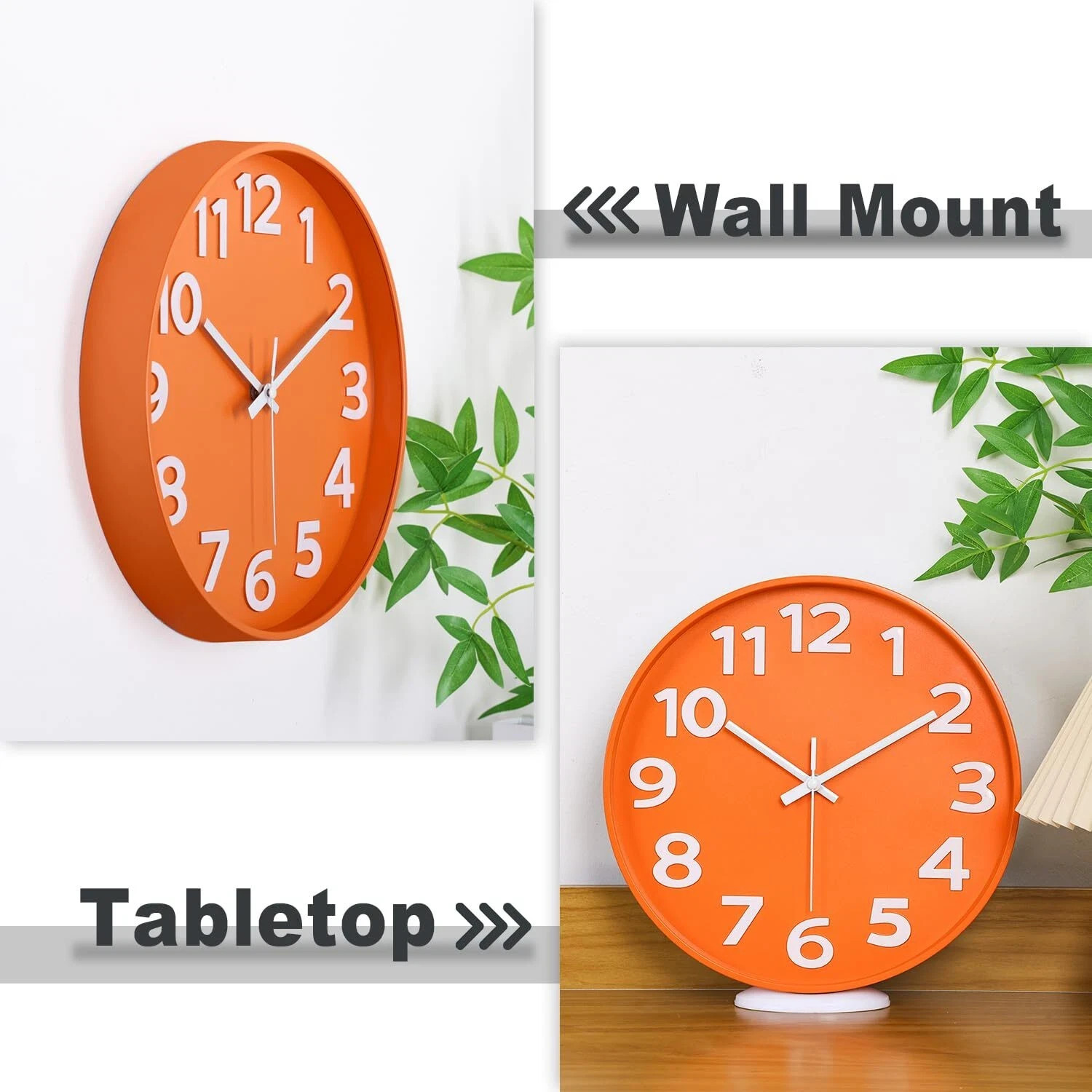 12-Inch Modern Wall Clock Minimalist Orange Design Silent Non-Ticking Large N…