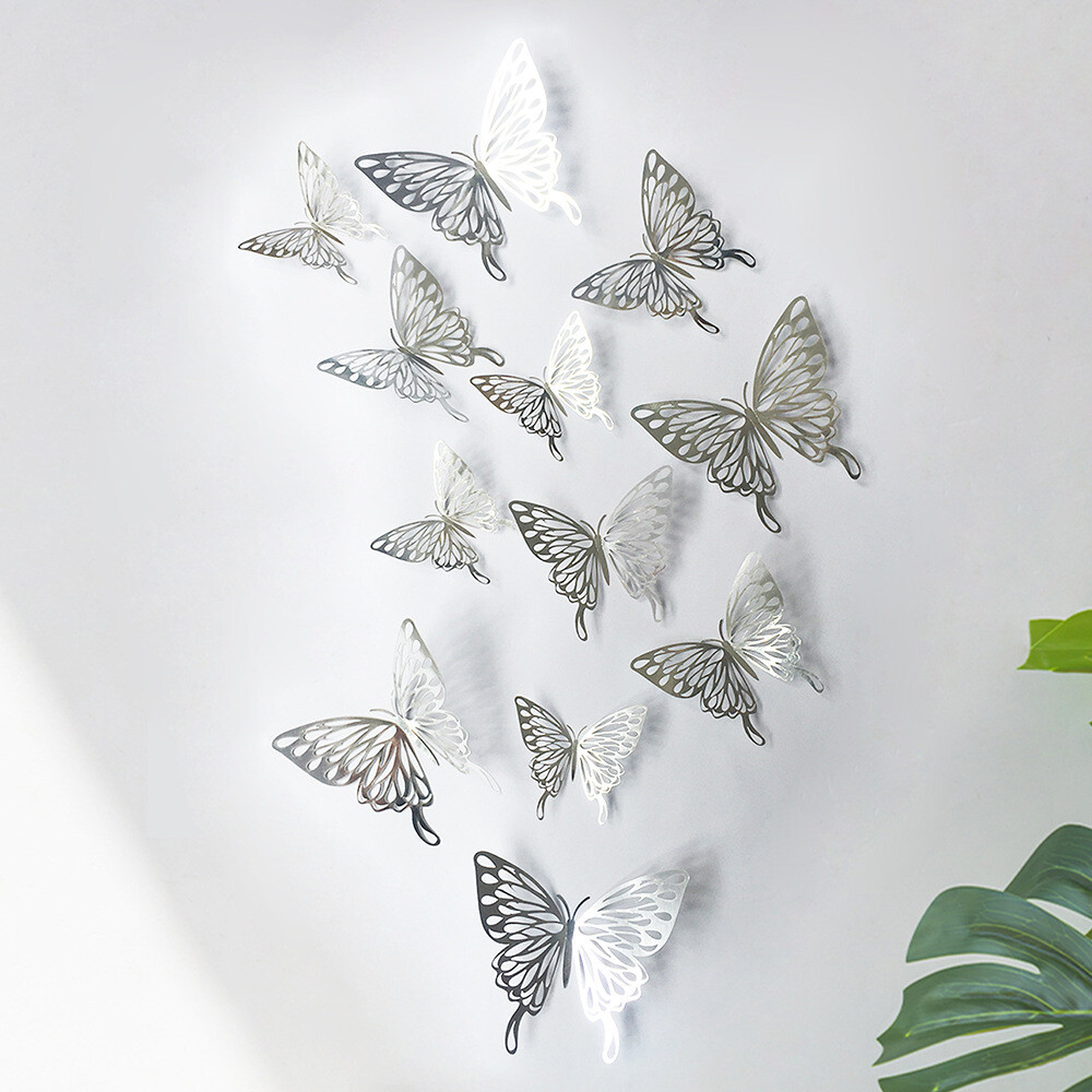 12 pcs 3d cute rose, silver, and gold butterfly wall decor, party, wedding, diy