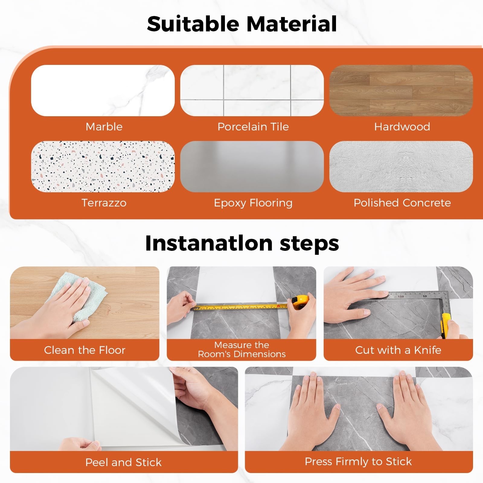 Peel and Stick Floor Tile Vinyl Flooring Roll Self Adhesive 23"x 393"/64 Sq.F…