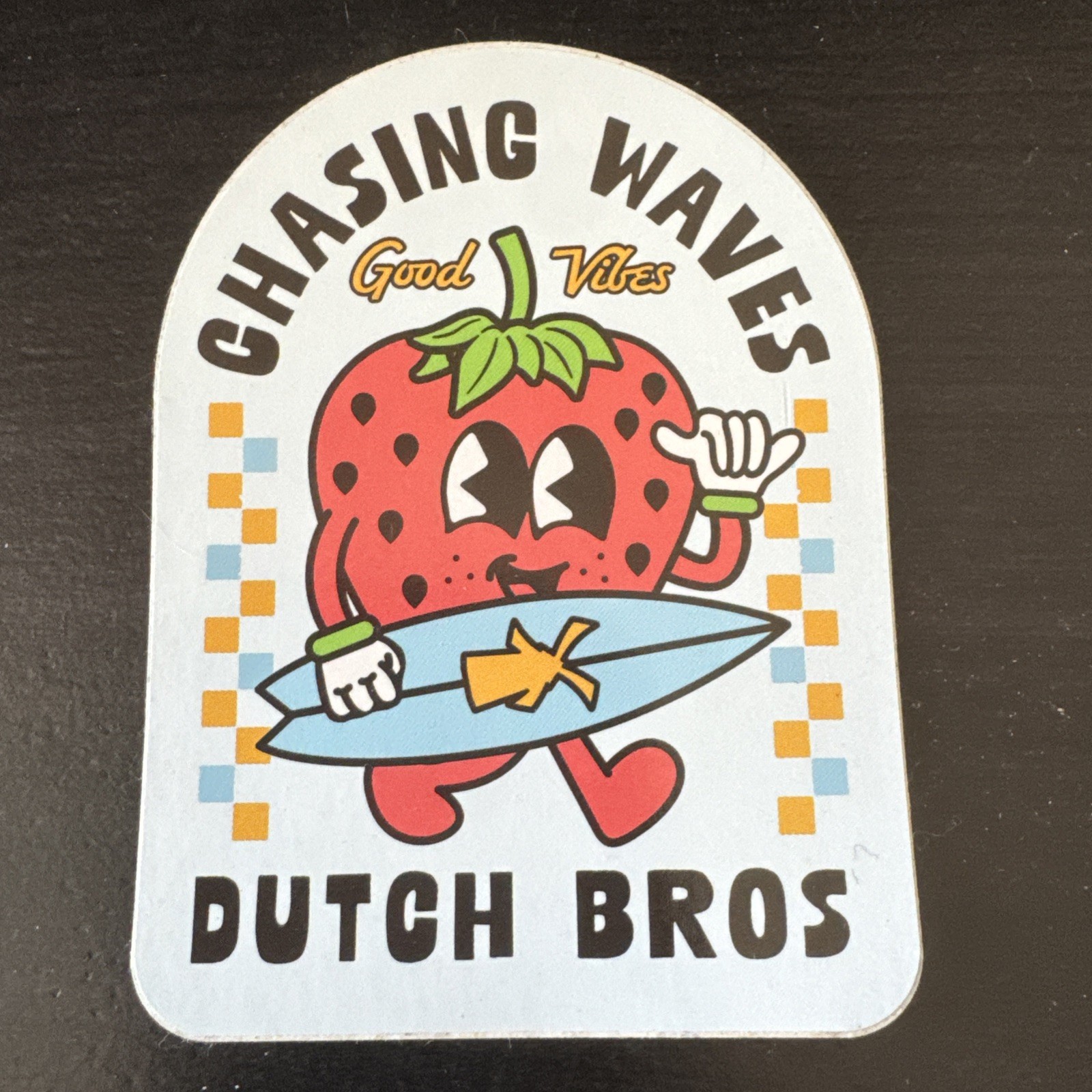 Dutch Bros Sticker May 2024 Chasing Waves Strawberry Surfboard