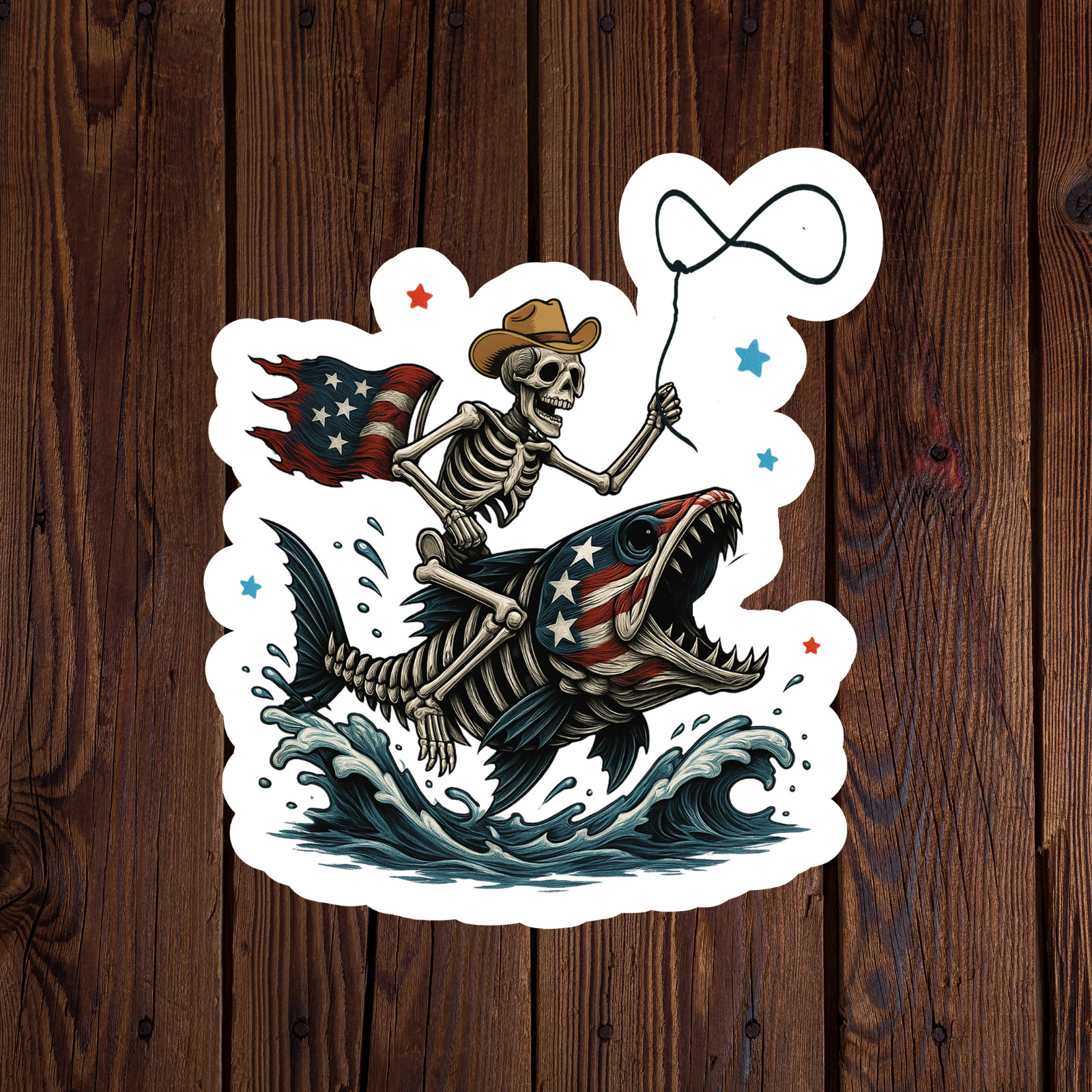 American fishing sticker vinyl decal skeleton cowboy bass western tough freedom