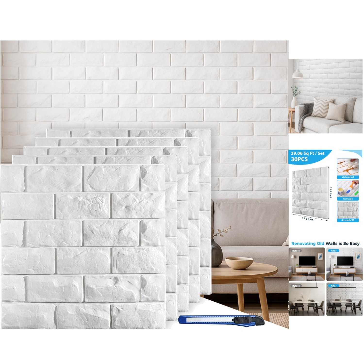 Self-Adhesive 3D White Brick Wall Panels – 29.06 sq ft for Easy Modern Decor