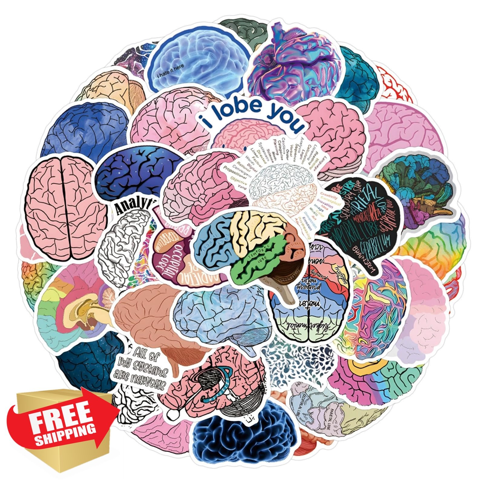 50PCS Brain Stickers Bulk, Cartoon Vinyl Waterproof Decals