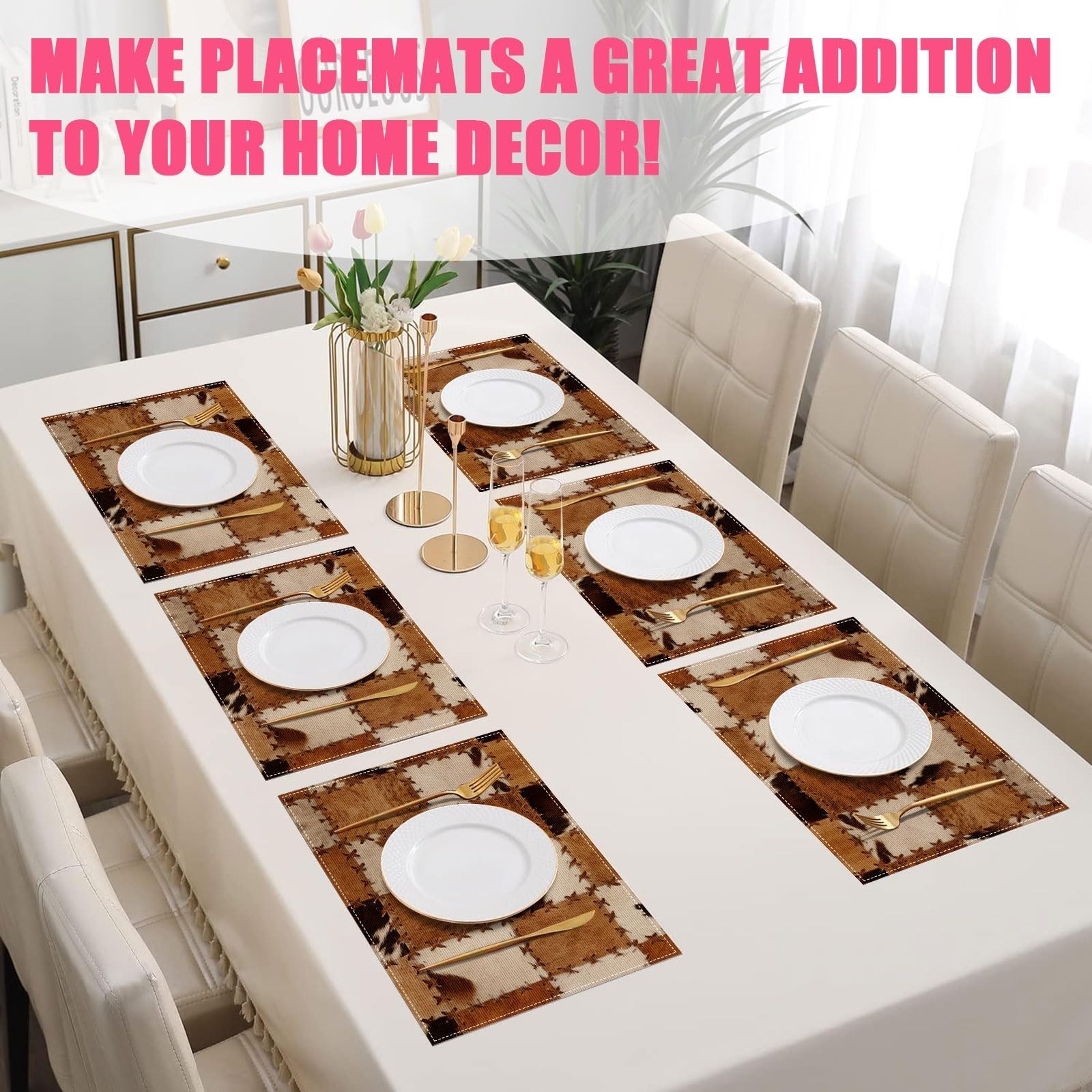 Brown Cowhide Print Placemats Set of 6,12×18 Inch Cow Skin Linen Place Mat Wa…