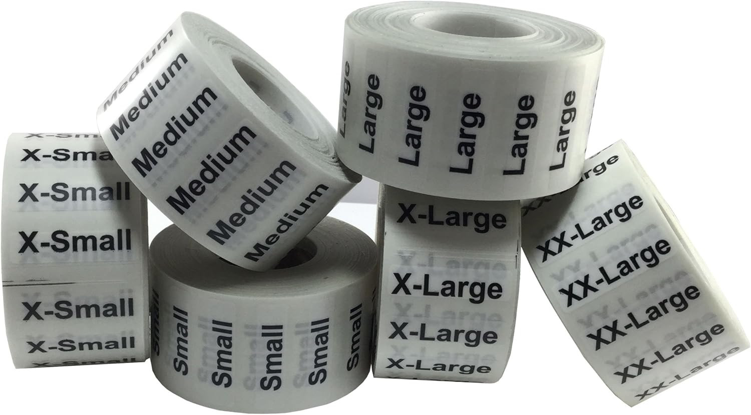 XS-XXL Clothing Labels – Clear Size Strip Stickers with Black Text, 1.25 X 5 Inc
