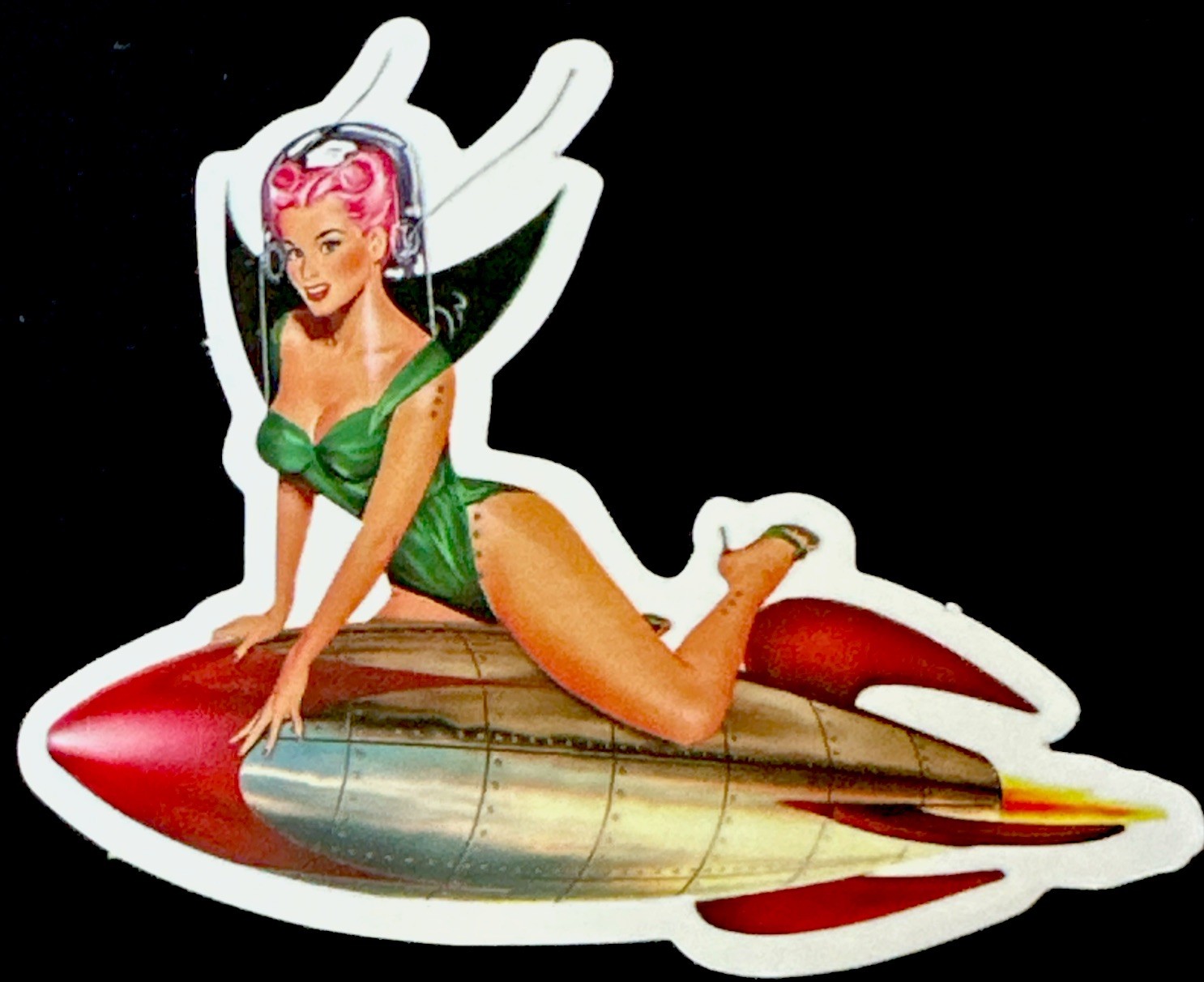 SEXY PINUP GIRL STICKER✨💋💚💋✨3” X 2 3/4”✨GLOSSY✨PINK HAIR💖✨HOT✨BIKINI✨🔥💫