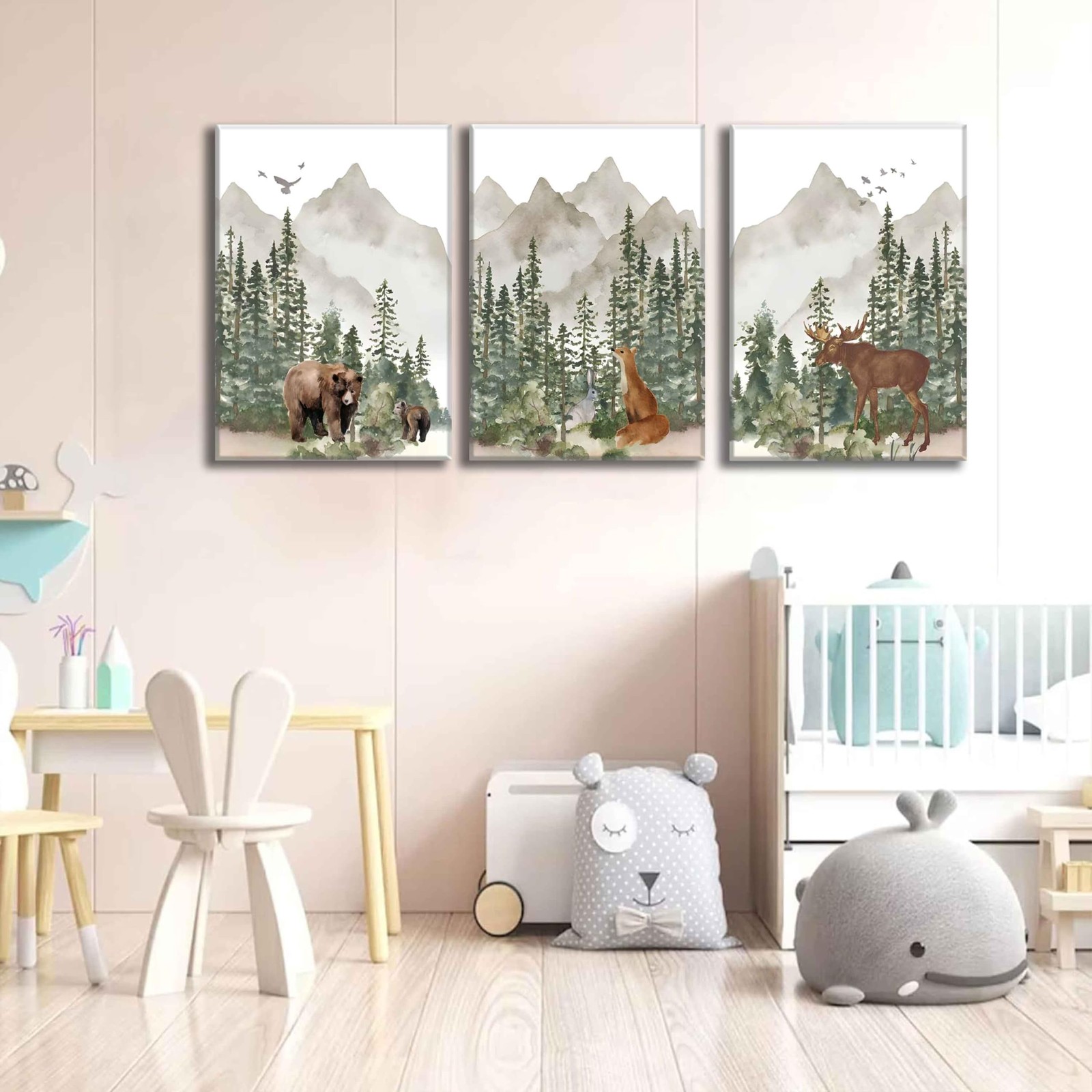 3Pcs Woodland Nursery Wall Art Wild Animals Posters Pictures Foggy Forest Can…