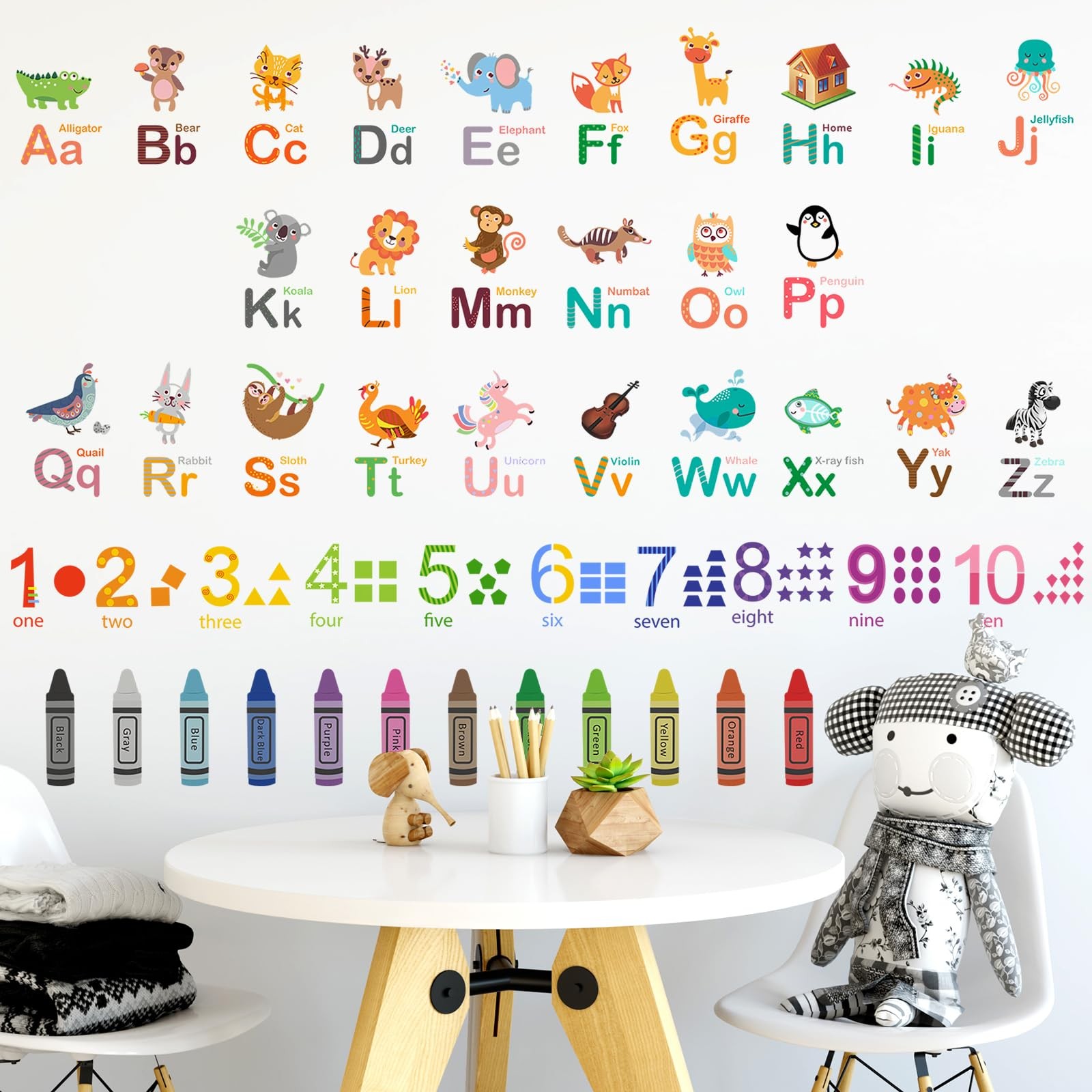 Animals Alphabet Numbers Wall Decals for Kids Room Colouring Pencils Wall Sti…