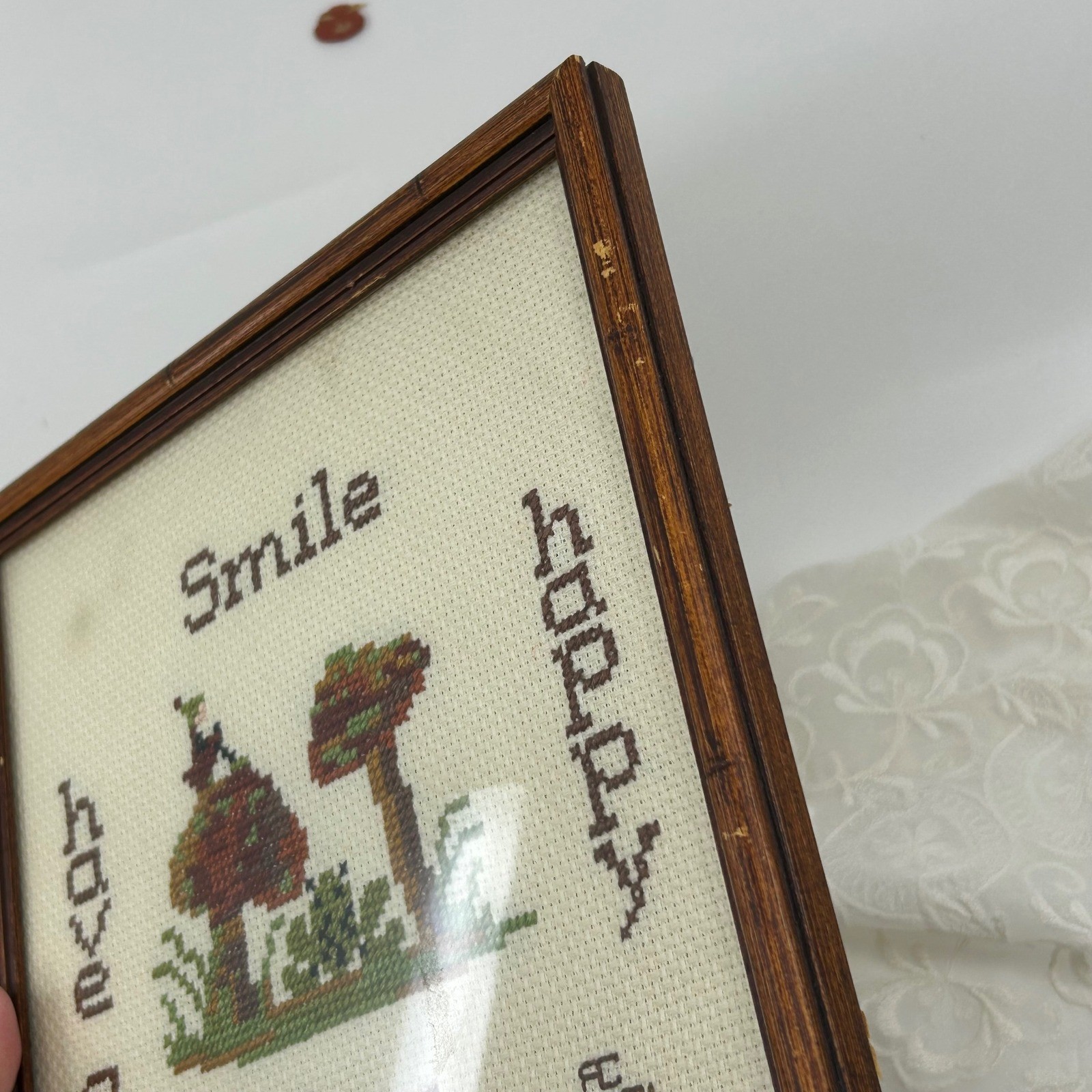 Vintage Cross Stitch Mushroom Pixie Frog Framed Wall Art Cottagecore Whimsical