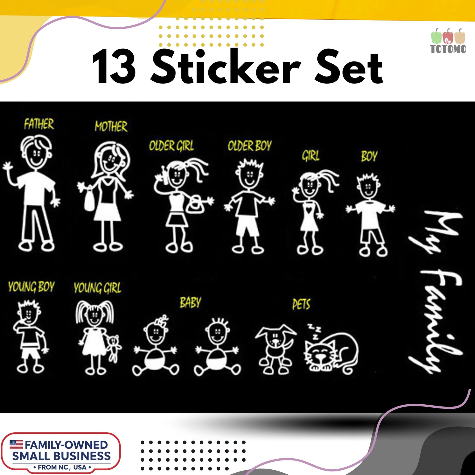 TOTOMO 13 Stick Figure My Family Car Stickers (Style#1) with Pet Dog Cat Fami…