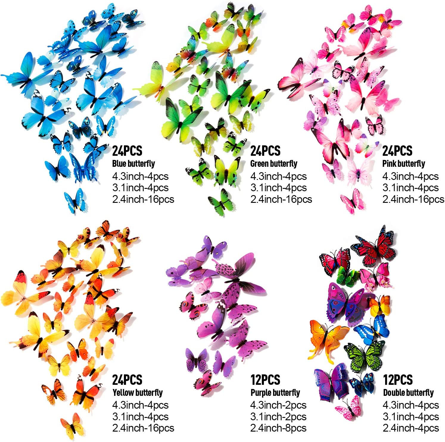 120PCS 3D Colorful Butterfly Wall Stickers, Butterfly Wall Decals, Removable But