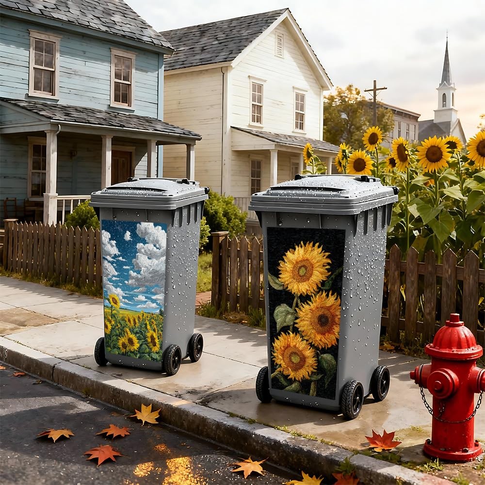 2 PC Trash Can Sticker 14.57 × 32.28 Inch Sunflower Floral Design Vinyl Stick…