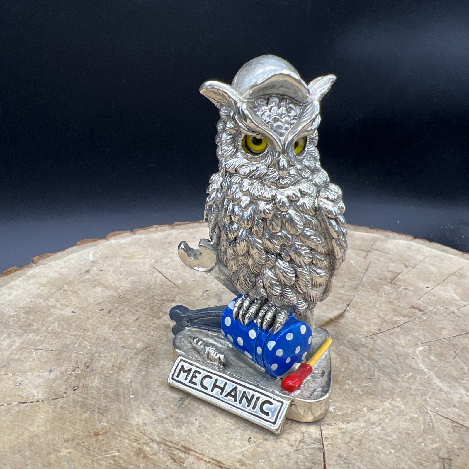 SILVER OWL ART DECOR with title MECHANIC 3.5in Tall Partially painted