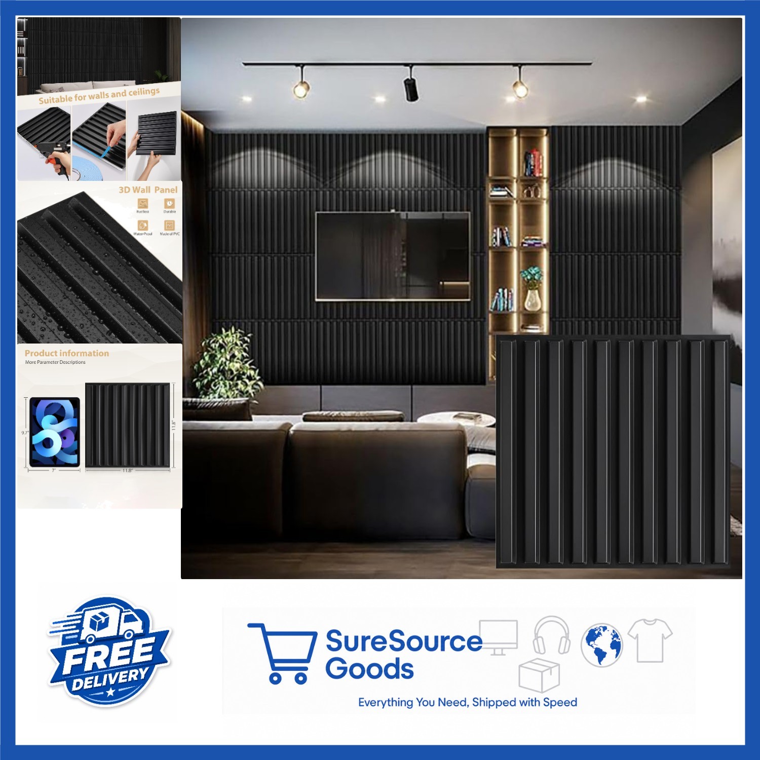 Waterproof 3D Wall Panels 30 Pack Black PVC for Home Office Décor 11.8"x11.8"