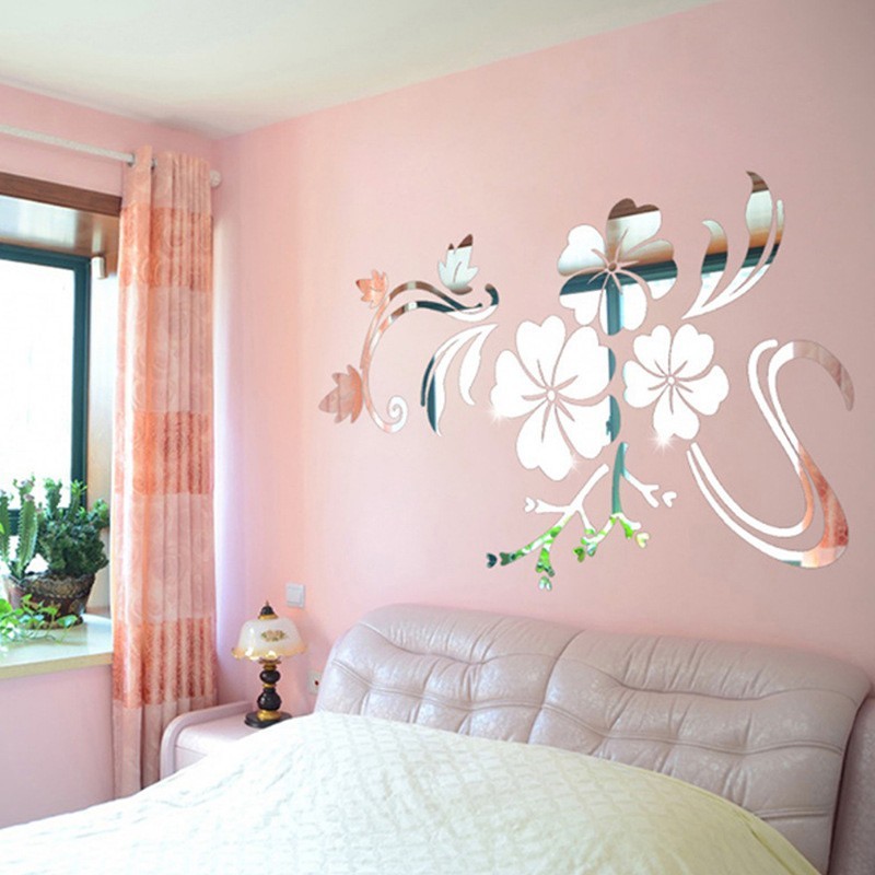 3D Art Mural Acrylic Mirror Wall Sticker Room Decal DIY Flower Leaves Home Decor