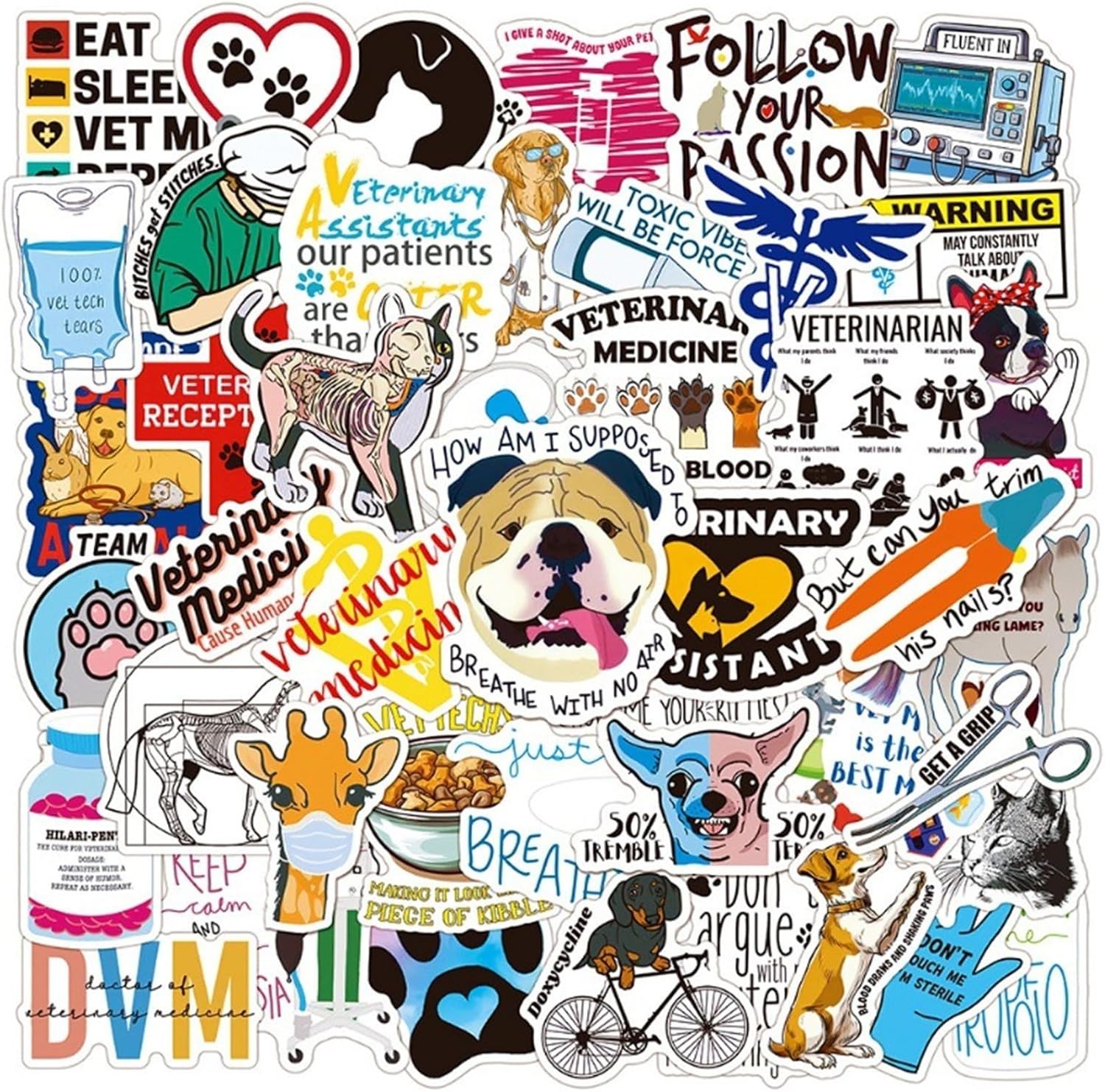 50 Pcs Waterproof Veterinary Stickers – Cute Decals for Teens & Animal Lovers