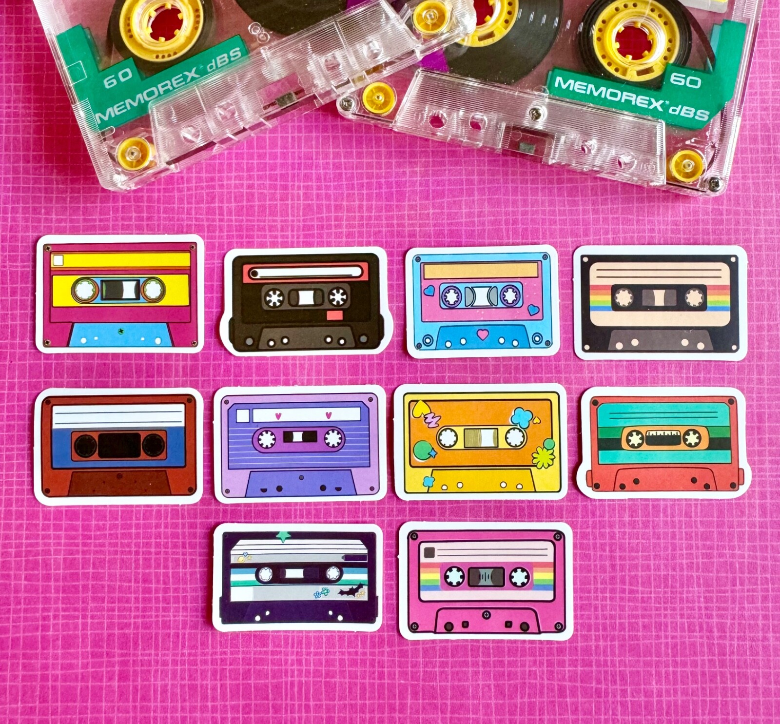 New 80s Style Mini Cassette Tape Waterproof Stickers Set of 10 – 1.75” x 1.25”