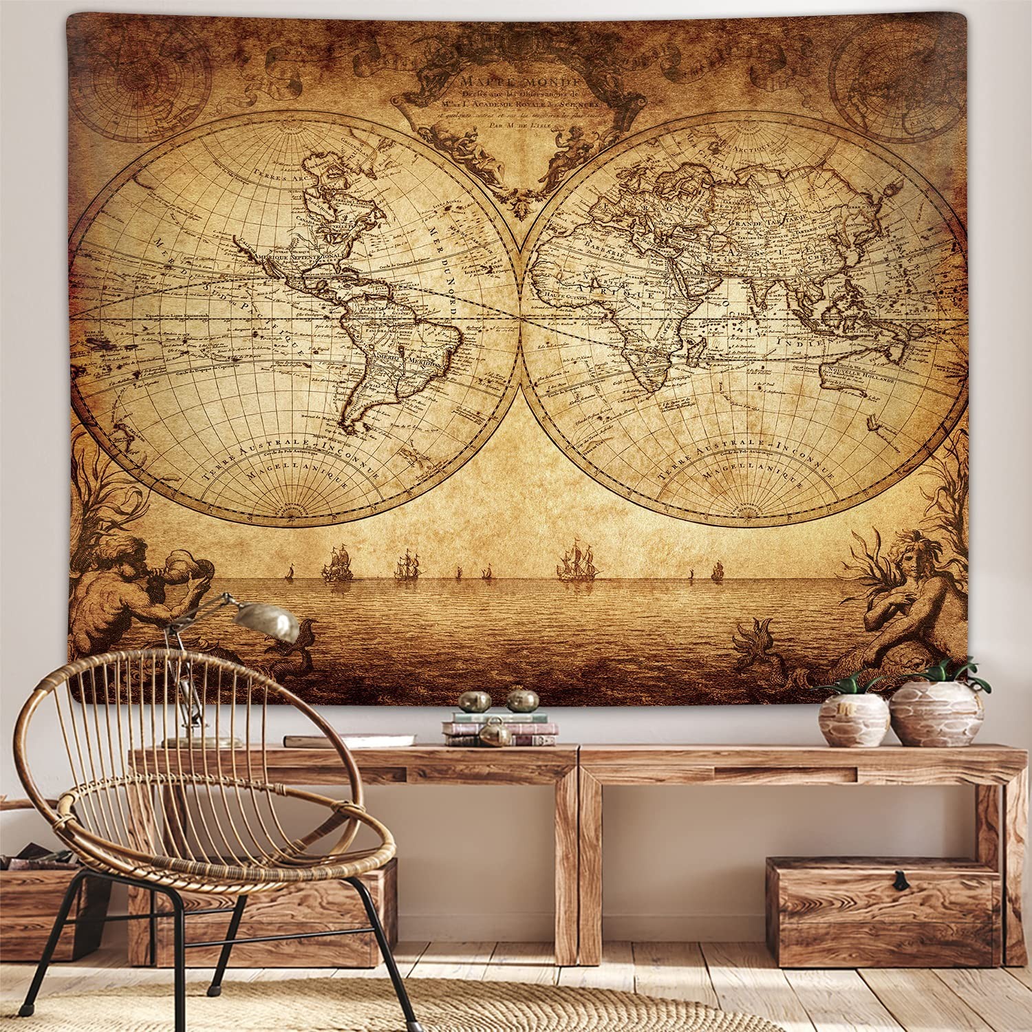 Old World Map Tapestry for Bedroom, Vintage Nautical Maps of the World Art Ta…