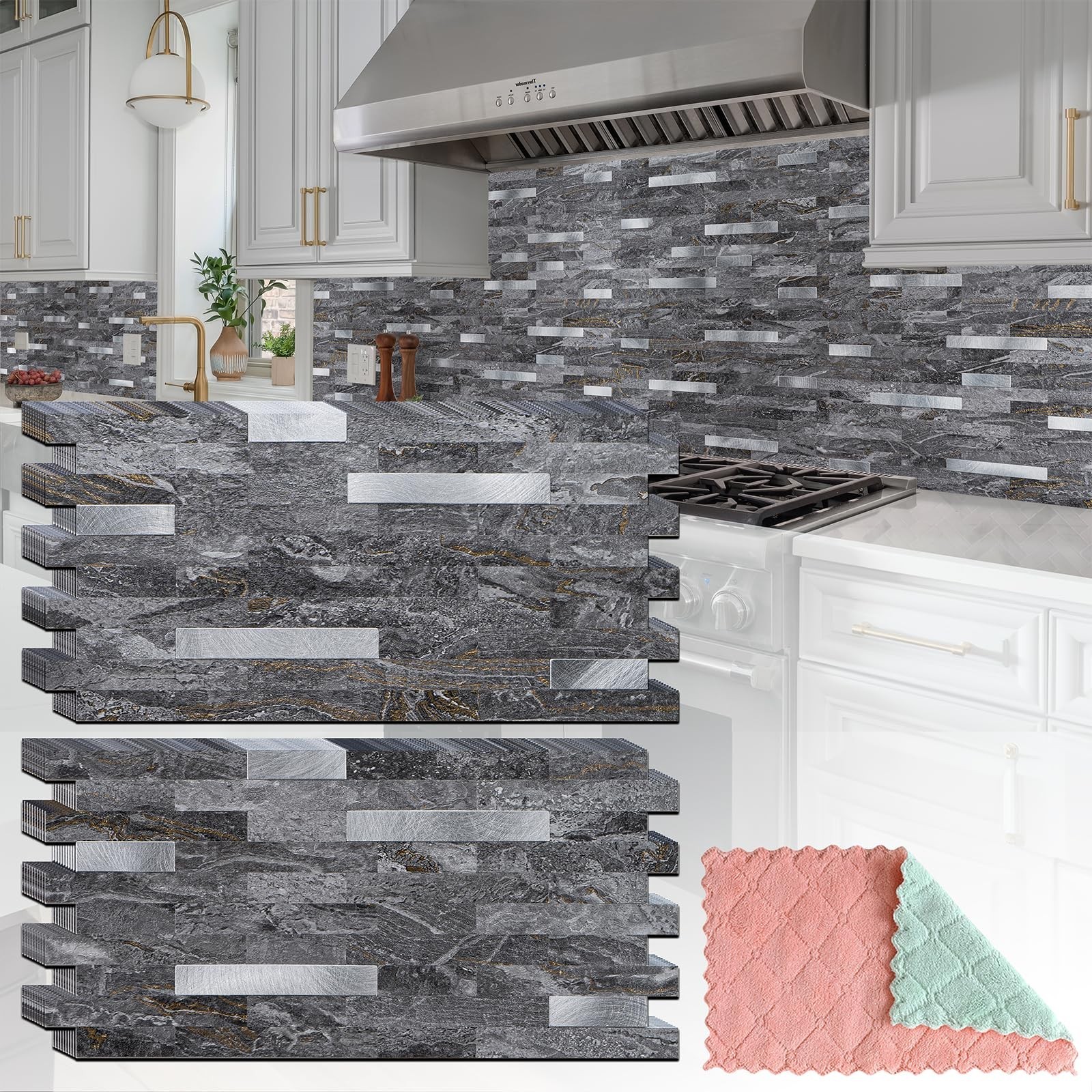 20 Sheets Peel and Stick Backsplash for Kitchen, Gray-Gold Stone with Metal S…
