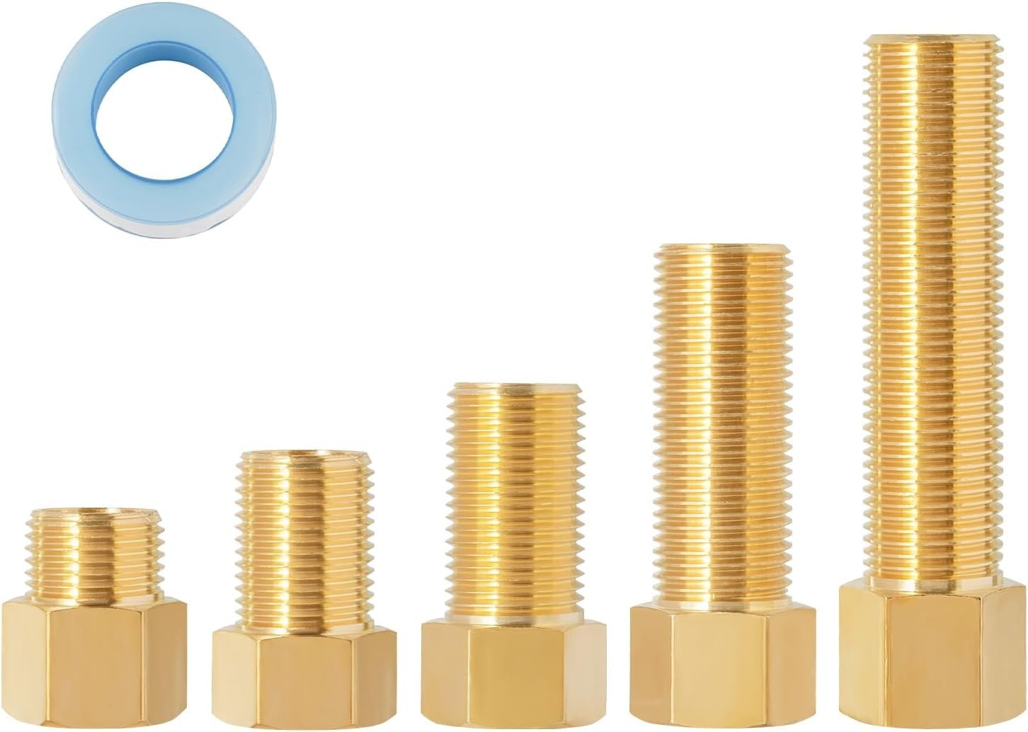 5 Pack 1/2" Brass Extension Adapter Set, 1/2 Inch Male × 1/2" Female Brass Nip