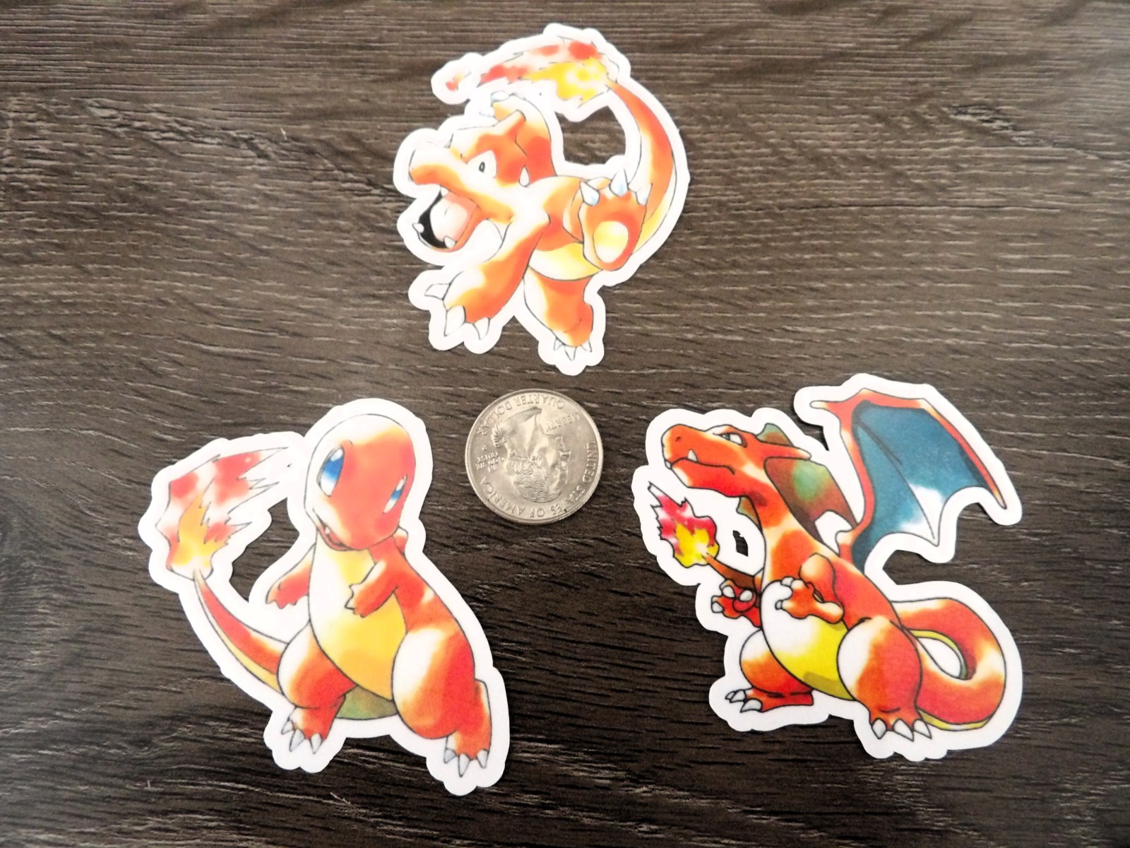 Gen 1 Charmander, Charmeleon, Charizard Stickers – Lot of 3 – Red & Blue Artwork
