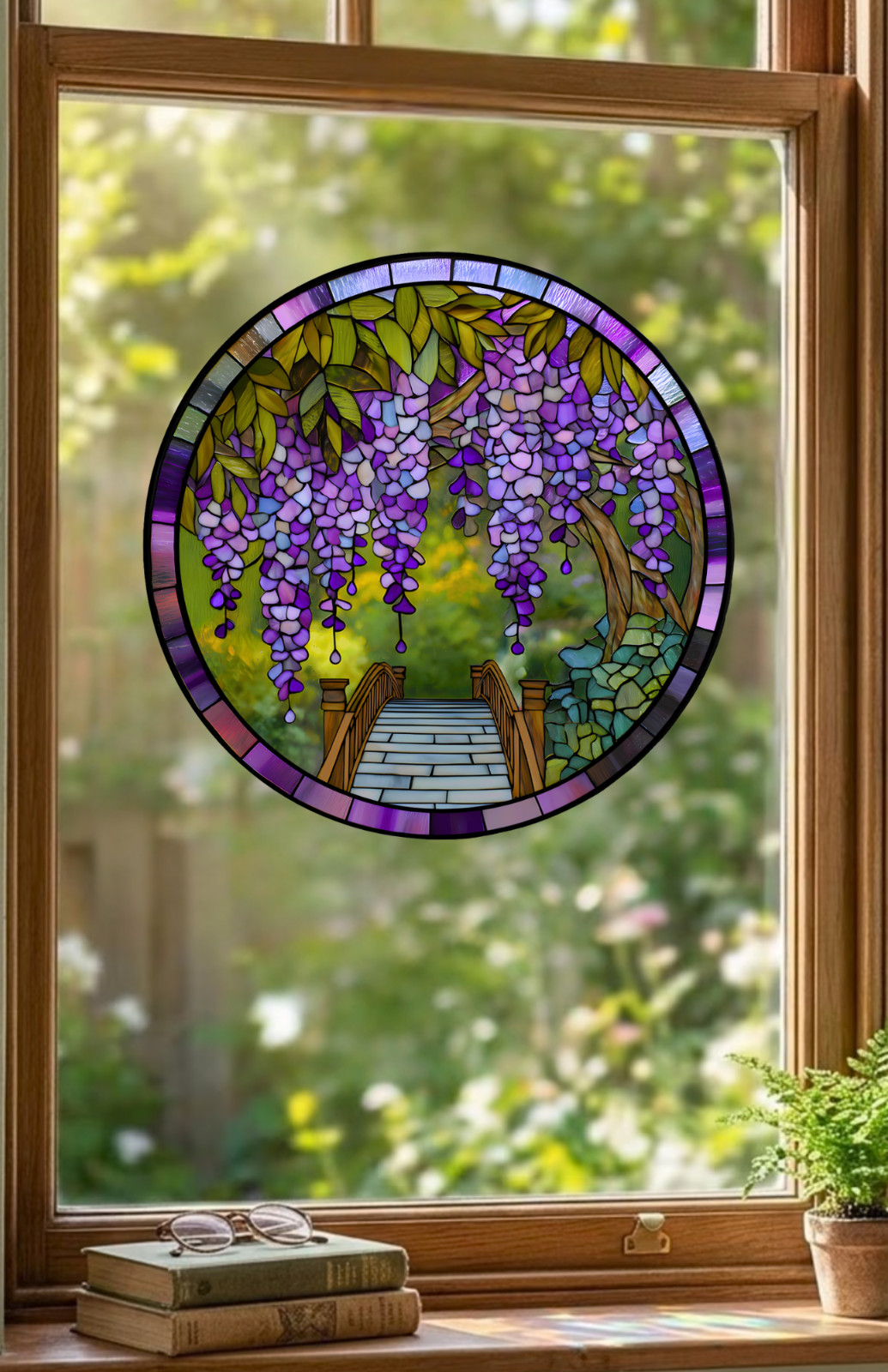 Wisteria Flowers Faux Stained-Glass WINDOW CLING Size 8" Round Vinyl