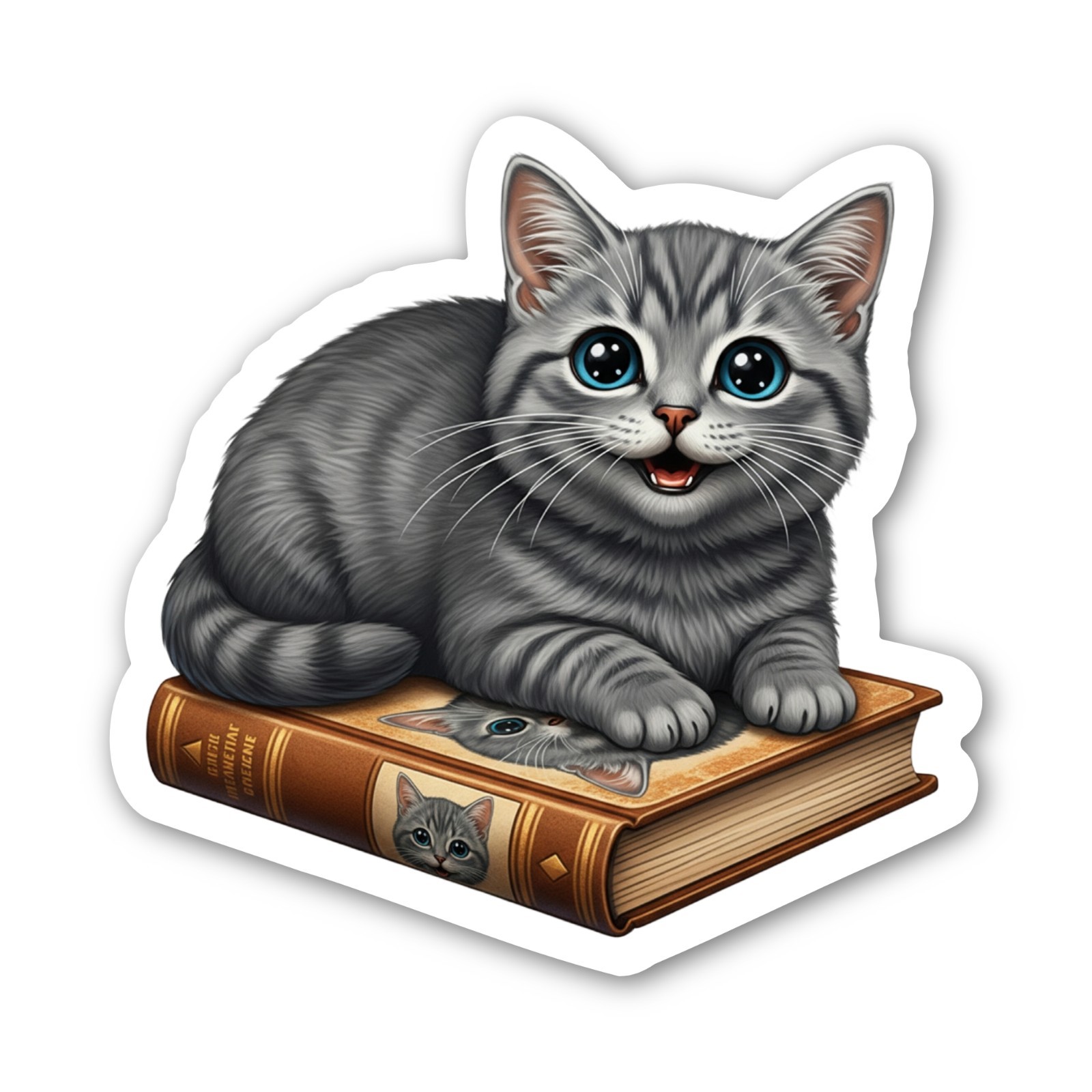 Book lover gray tabby cat vinyl sticker for water bottle, laptop, phone case