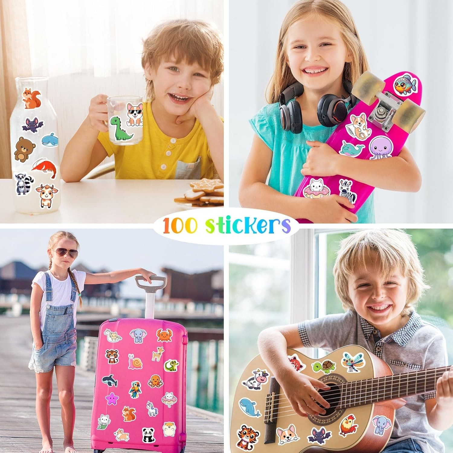 100PCS Kids Water Bottle Stickers Waterproof Vinyl Animal Laptop Decals