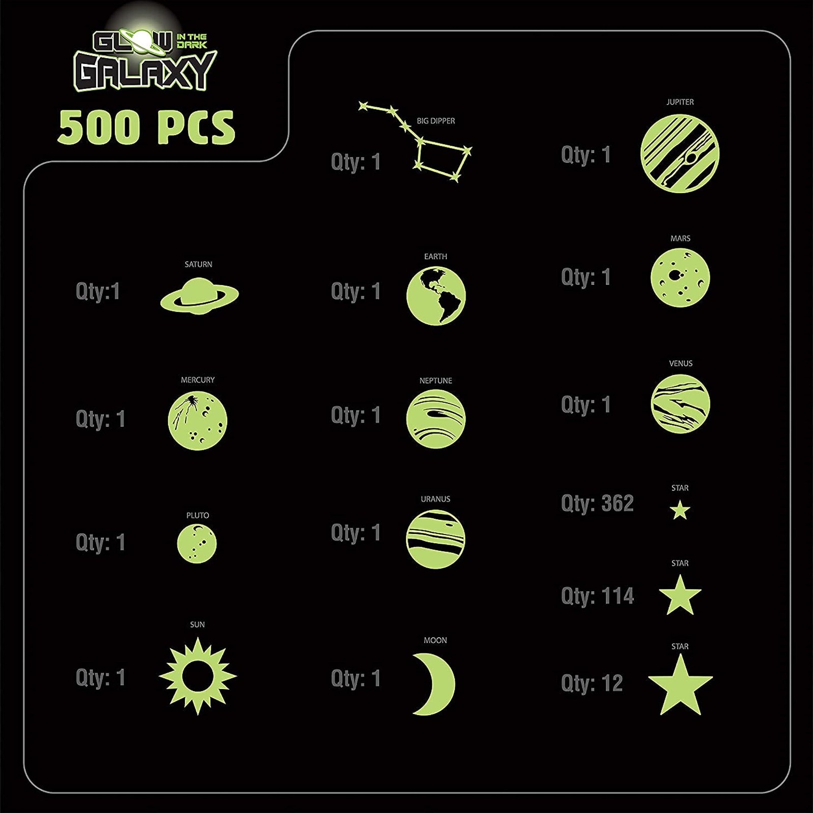Glow in The Dark Ceiling Stars – 500 Count, Jumbo Sun, 9 Planets, Moon & Big Dip