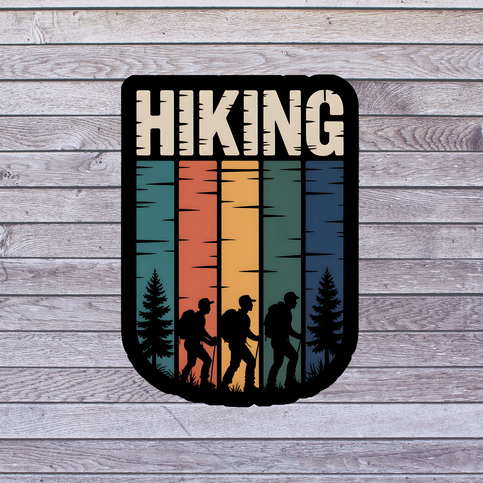 Hiking sticker vinyl decal hiking retro forest silhouettes vertical design