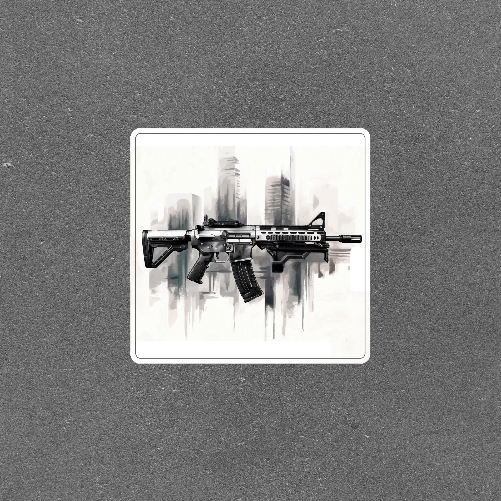 Assault Rifle Watercolor Painting – City Skyline Military Weapon Wall Art Decor