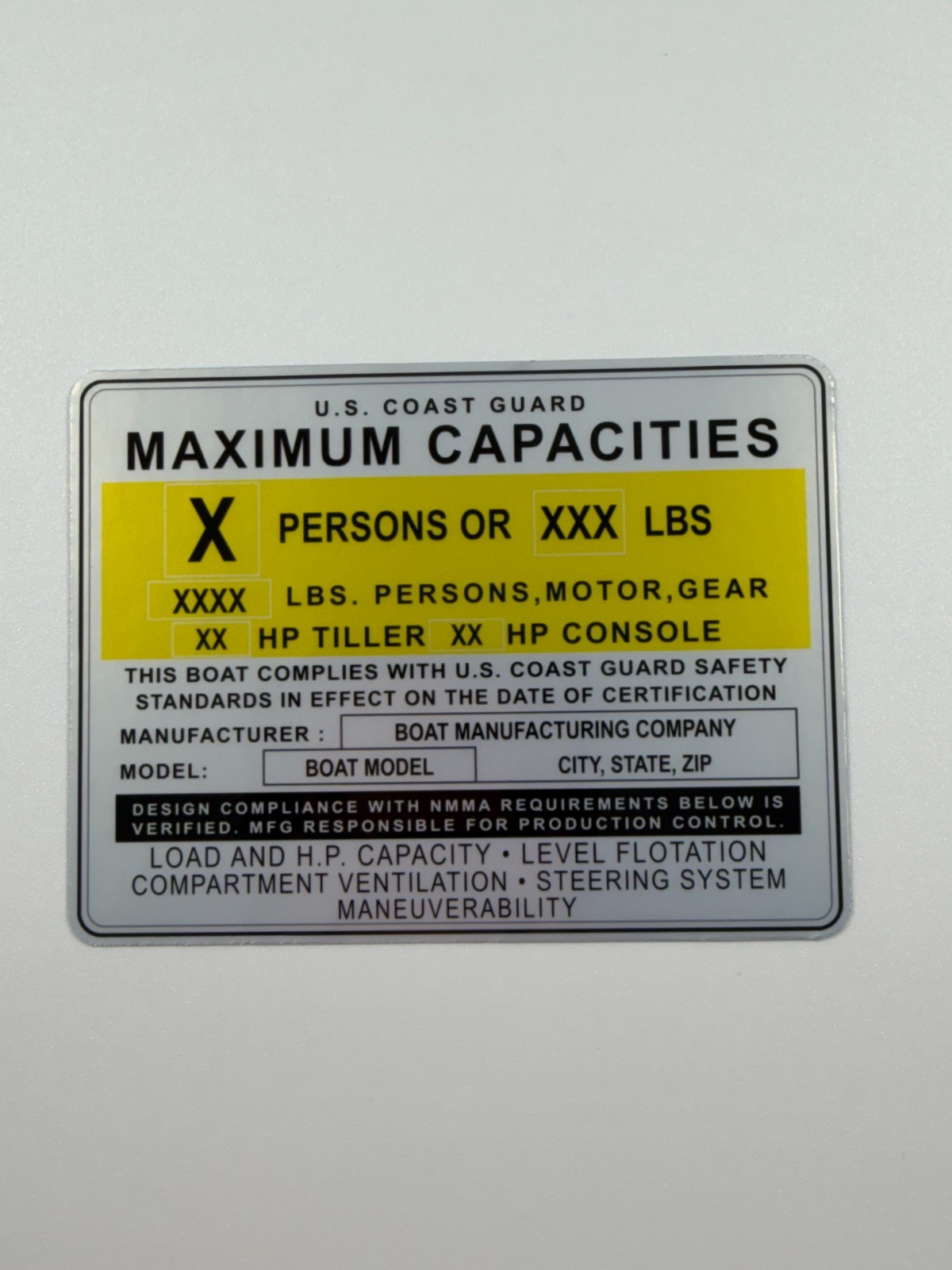 Custom Boat Capacity Plate Replacement Decal USCG NMMA Tag Sticker Silver 4×3