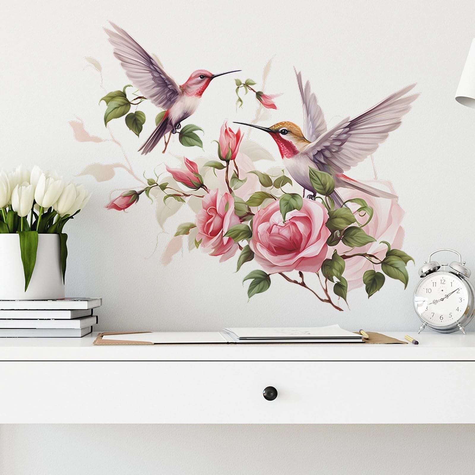 Pink Rose Hummingbird Flower Wall Stickers, sacinora Romantic Floral Art Bird…