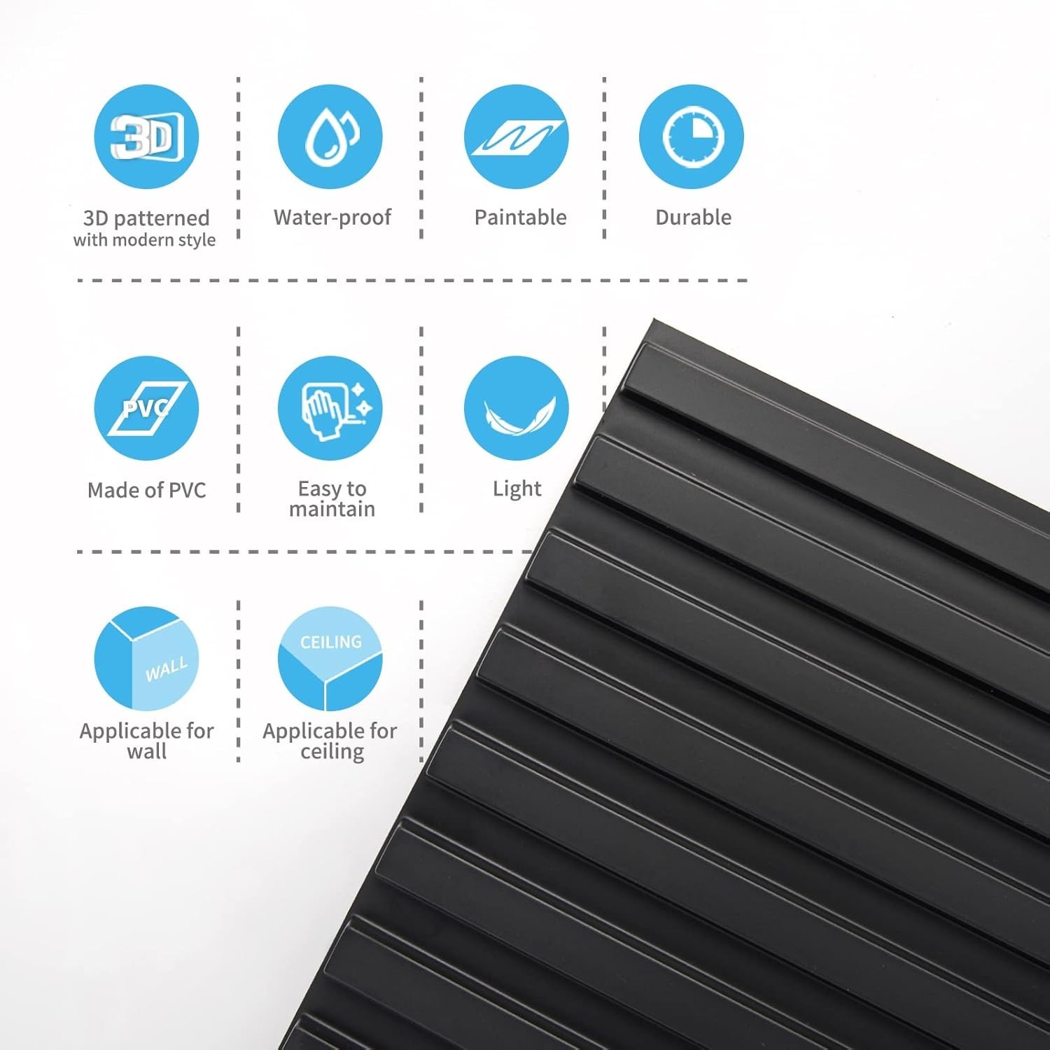 3D Fluted Wall Tiles – Black, 12-Piece Set, 32 Sq.Ft.