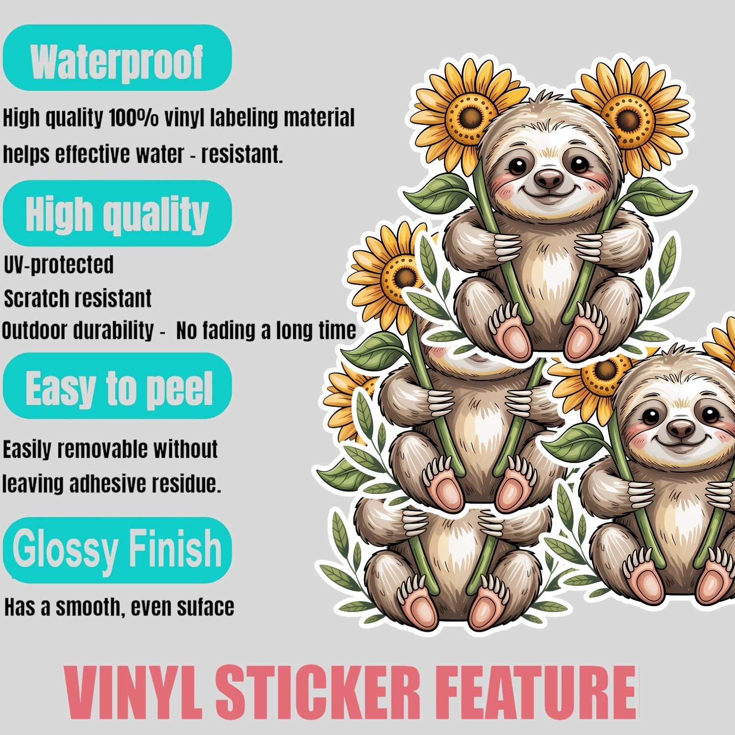 4pcs Sloth with Sunflower Stickers – Cute Floral Animal Vinyl Decals for Laptop