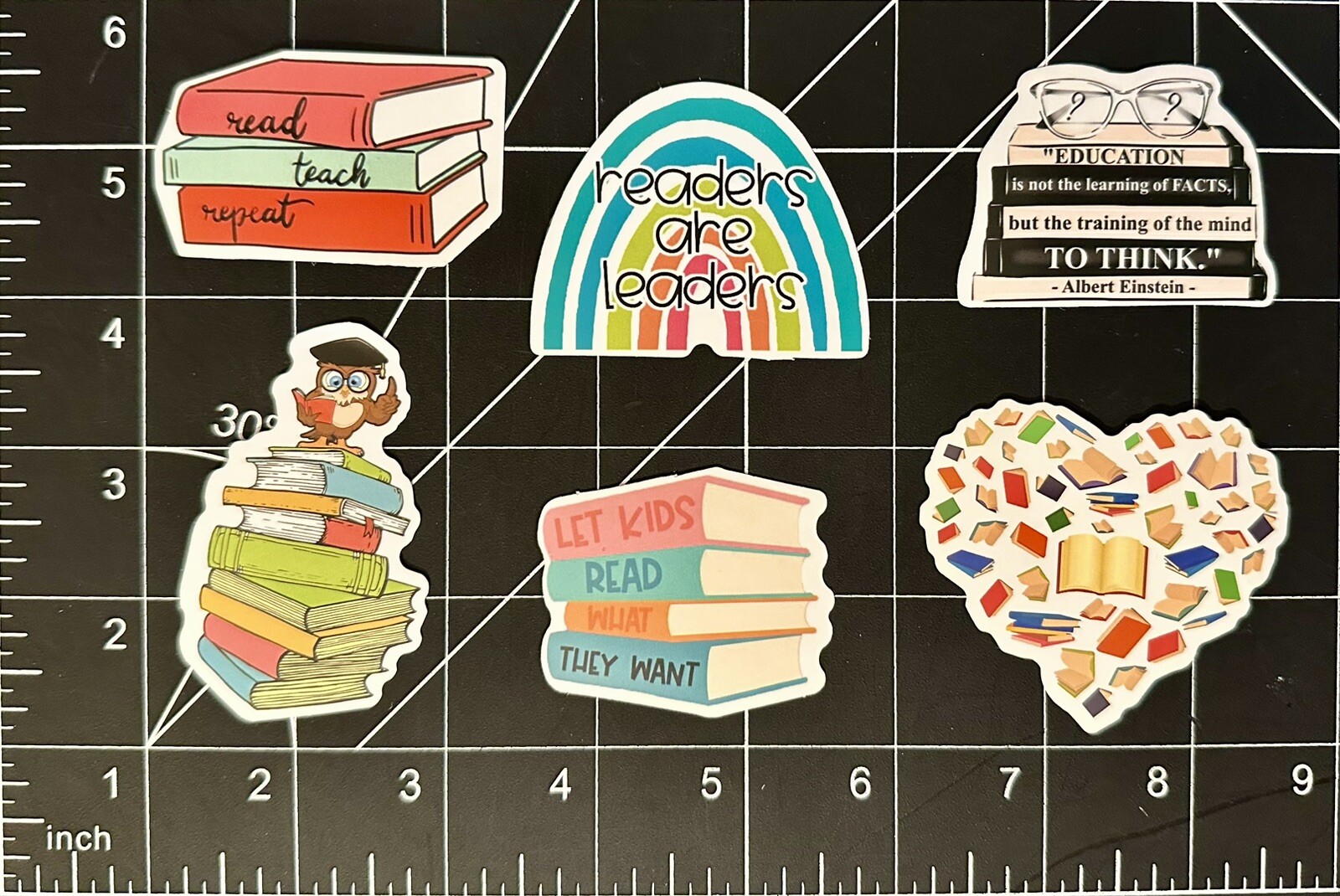 “Literacy Education” 6 Decal Stickers (Teach; Read; Books; Think; Lead; School)