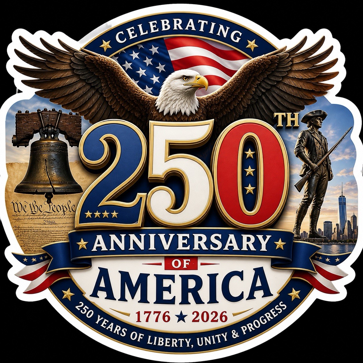 STICKER (BUY 2, GET 1 FREE) 250th America Liberty bell Minuteman USA patriotic