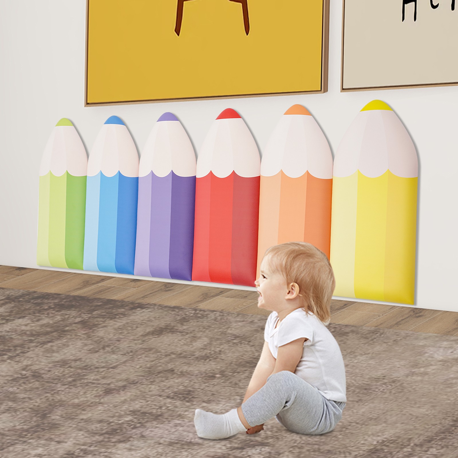 6Pcs 3D Pencil-Shaped Wall Padding for Kids Wall Mats Playroom Wall Protection
