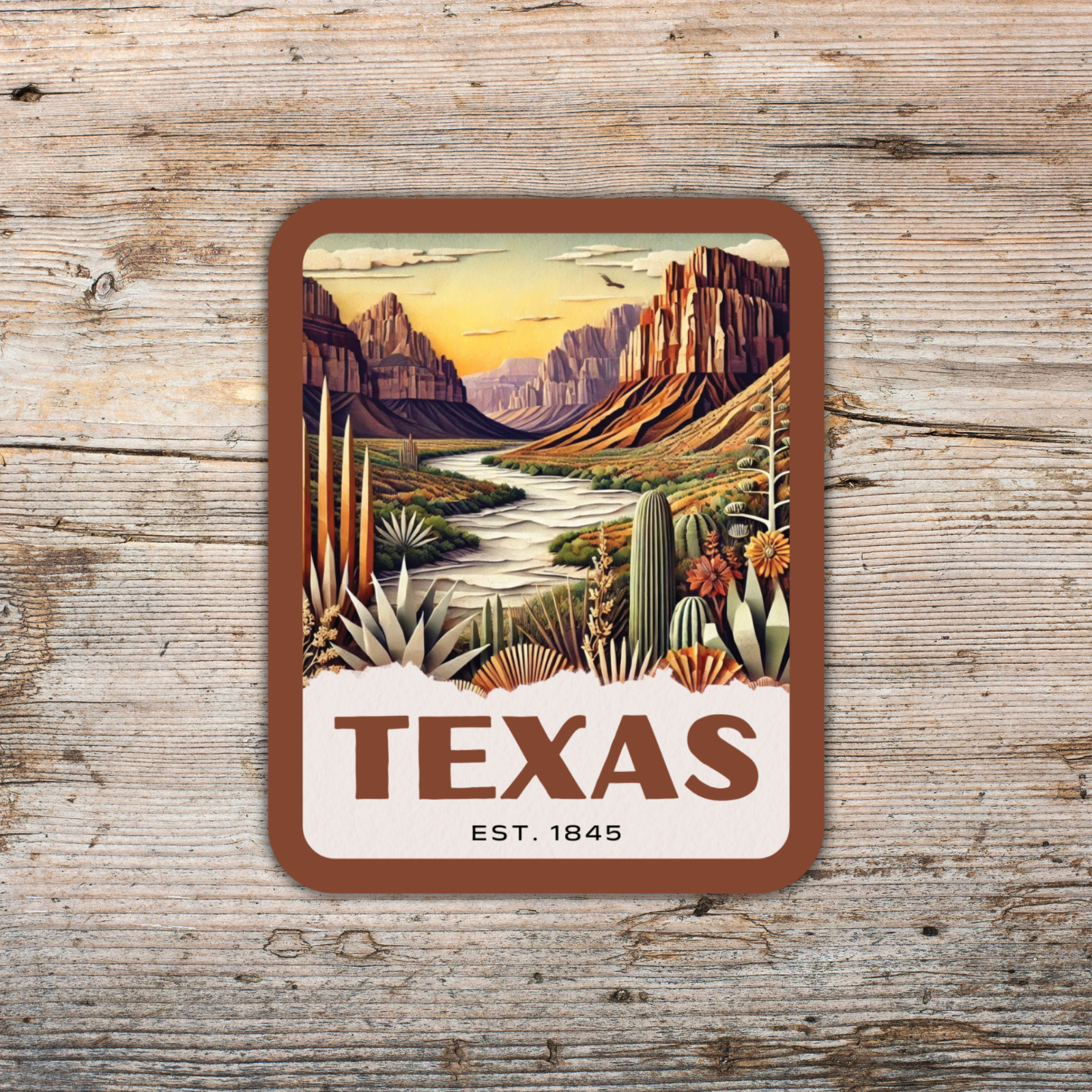Texas State Sticker, Paper Collage Look, Big Bend National Park Vinyl Decal