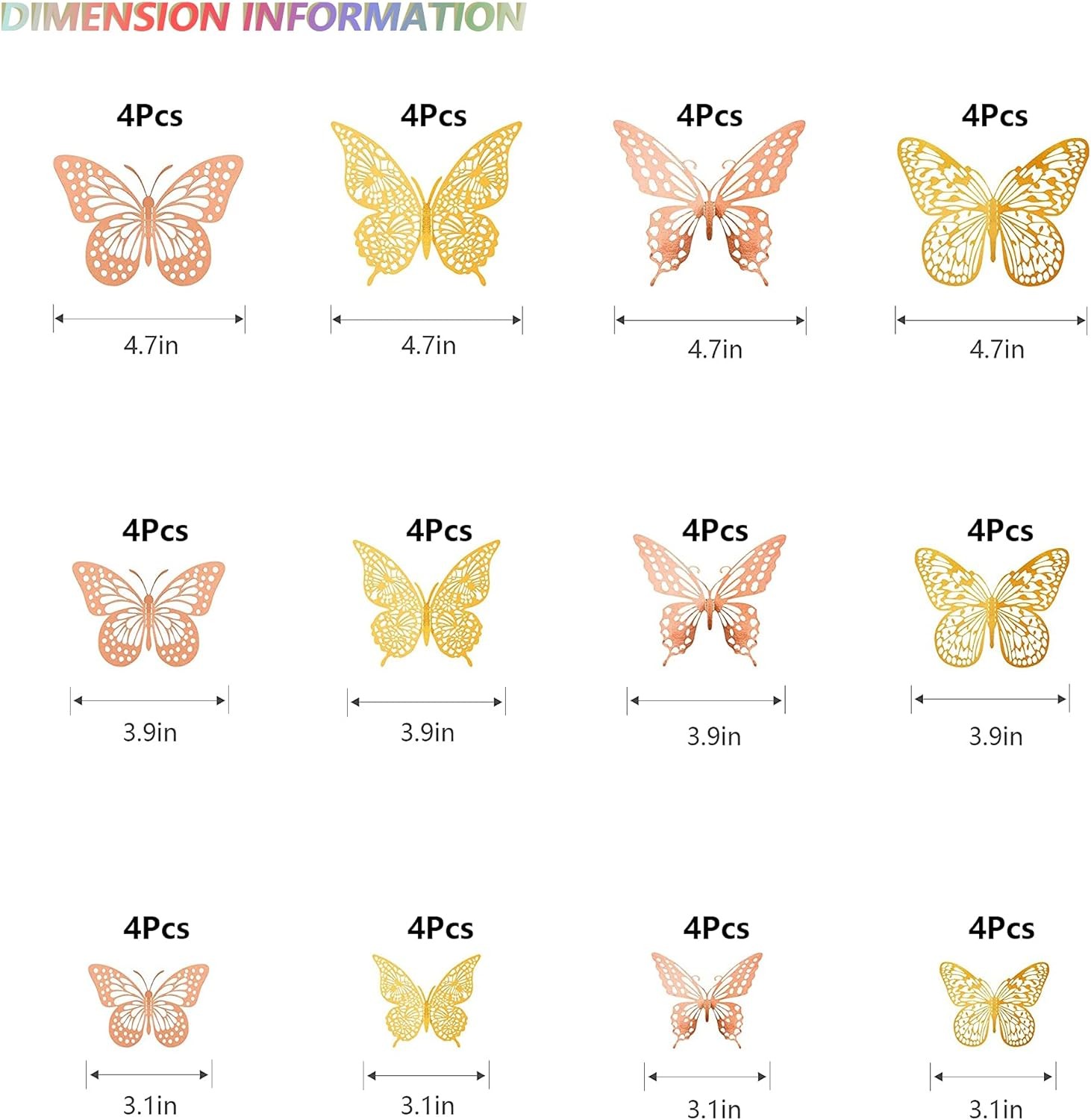 SAOROPEB 3D Butterfly Wall Decor, 48 Pcs 4 Styles 2 48 Pcs, Gold+rose Gold