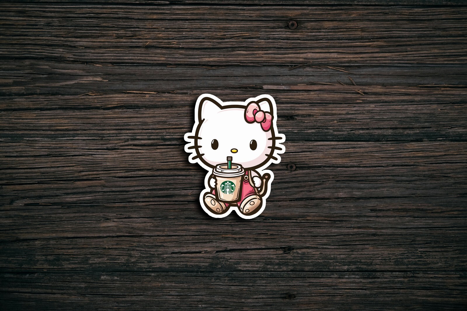 Kitty with Starbucks Sticker, Cute, Waterproof, Laptop, Water Bottle, Die Cut