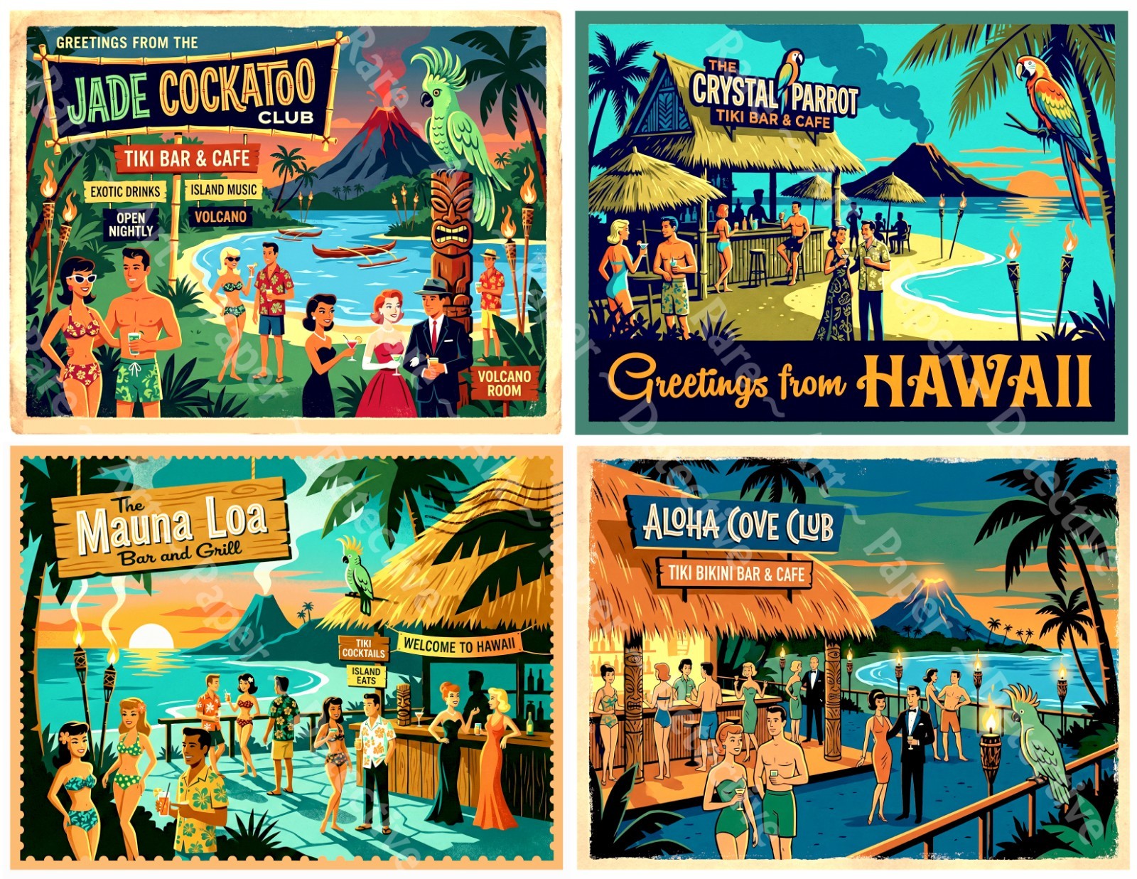 Hawaii Tropical Tiki Bar Stickers, Mid-Century Modern, 4 Labels on 1 Sheet, 1535