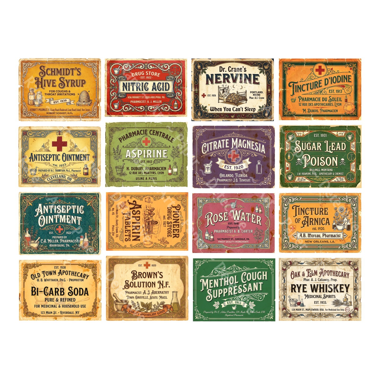 16 Vintage Apothecary Stickers for Medicine Cabinet Décor, Cut & Peel Sheet 1452