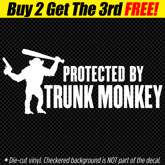 PROTECTED BY TRUNK MONKEY Vinyl Decal Sticker Button Funny Meme Chimpanzee JDM