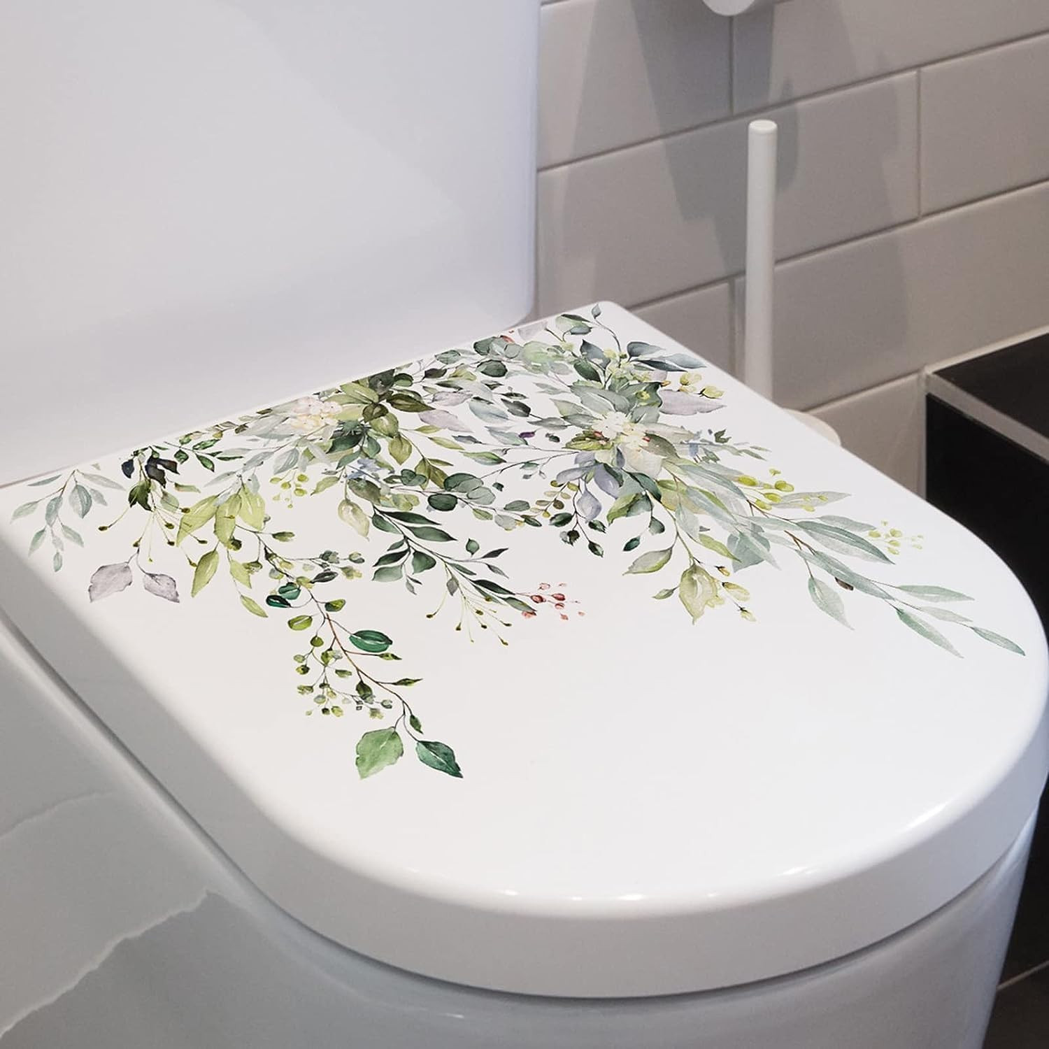 Green Leaf Floral Toilet Lid Decals – Self-Adhesive, Removable, Waterproof Bathr