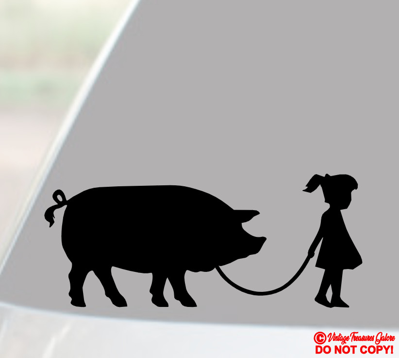 GIRL WALKING A PIG Vinyl Decal Sticker Car Window Bumper Funny Pet Farm Animal